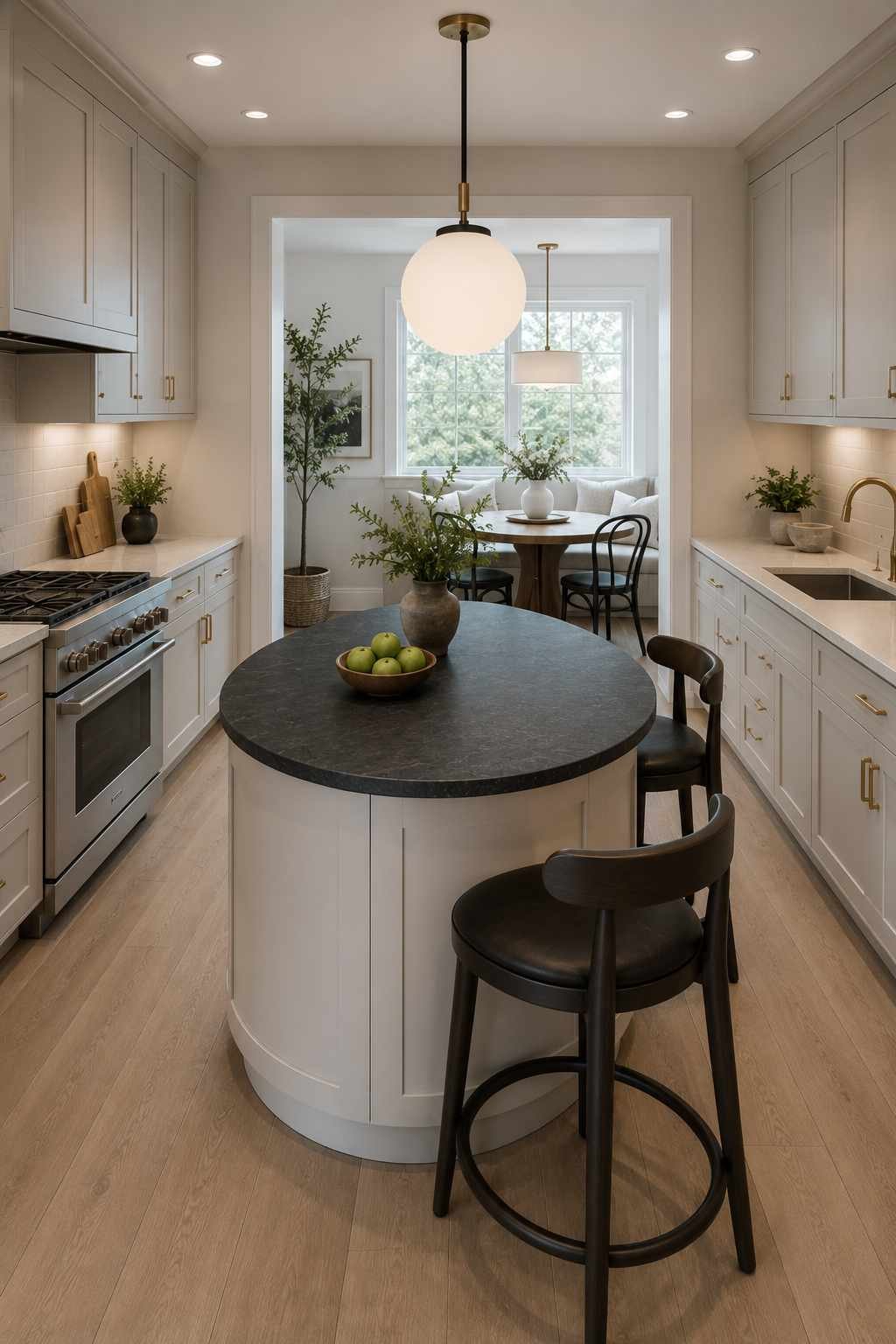 Small galley kitchen featuring a round kitchen island with a black leathered granite countertop, curved white cabinetry, rounded bar stools, globe pendant lighting, and a cozy breakfast nook filled with natural daylight.