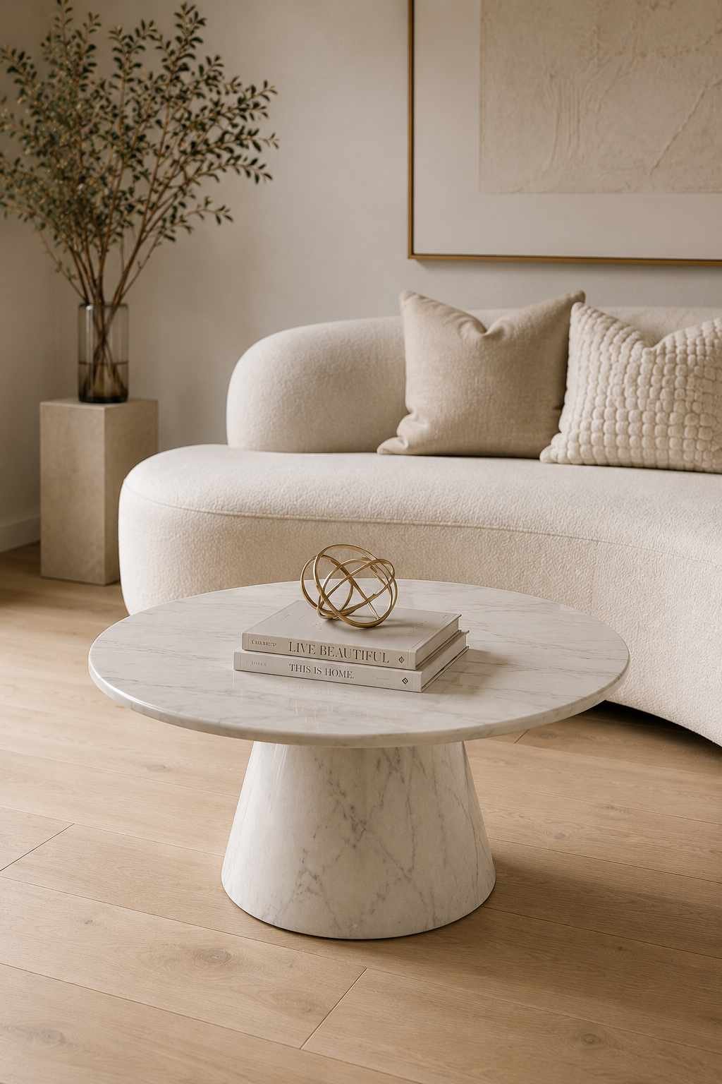 Round white marble-top pedestal coffee table in an elegant minimalist living room
