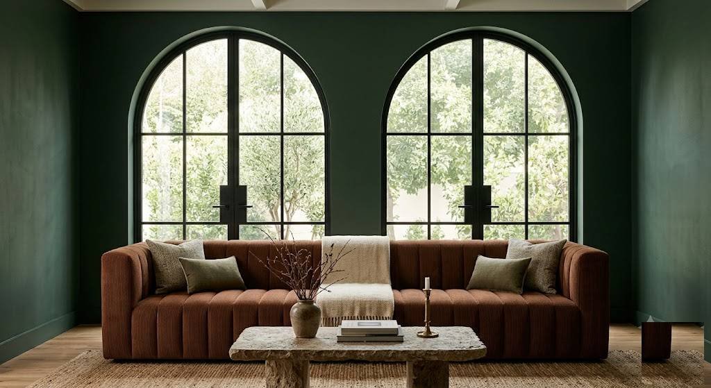 Living room with a rust corduroy channel-tufted sofa against a
forest green wall, three olive trees near arched windows, and a stone
coffee table.