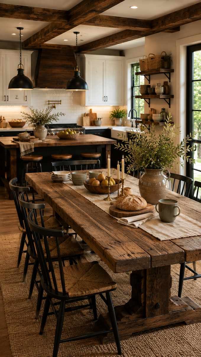 Modern farmhouse kitchen flowing into a breakfast nook with a reclaimed timber dining table, linen table runner, handmade ceramics, exposed ceiling beams, black-and-white cabinetry, and warm wood finishes.