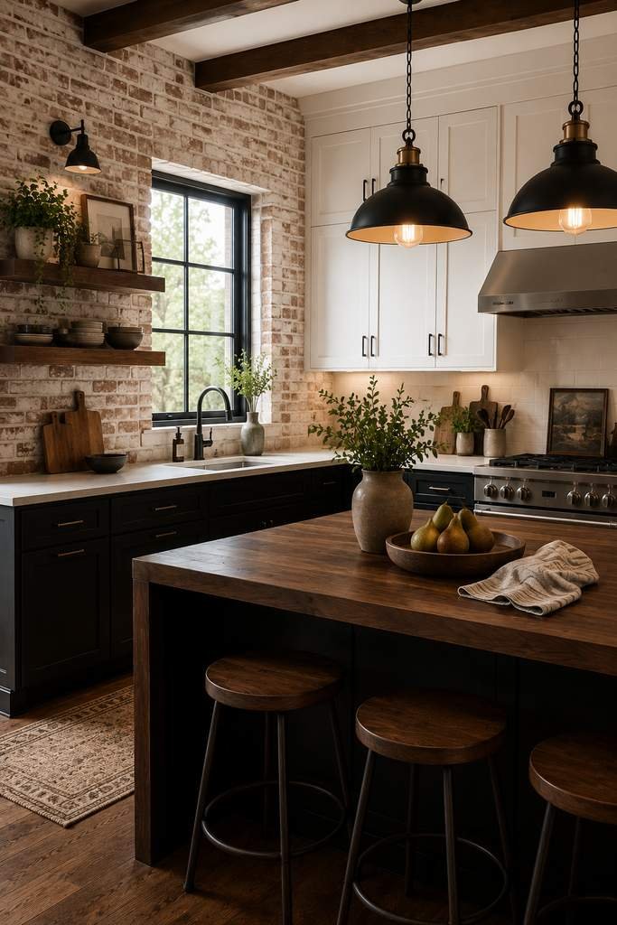 Rustic farmhouse kitchen featuring black shaker cabinets, whitewashed brick walls, exposed wood ceiling beams, a large wooden island with stools, industrial black pendant lights, open wood shelving, and a stainless steel range with a bright window above the sink.