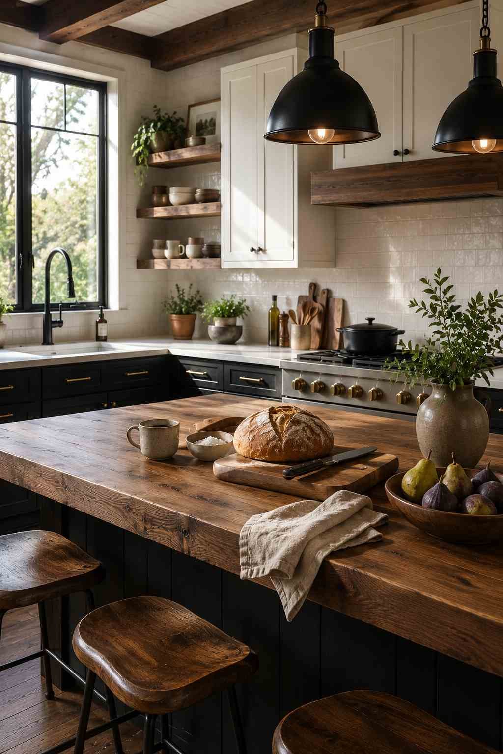 Rustic farmhouse kitchen featuring a large reclaimed wood island, black lower cabinets, white shaker upper cabinets, open wooden shelves, white subway tile backsplash, black pendant lights, a black-framed window, and warm natural light with bread, fresh herbs, and fruit on the countertop.