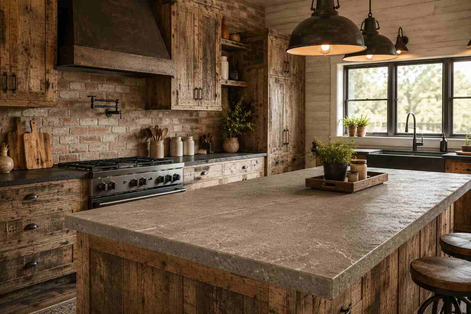 Rustic farmhouse-industrial kitchen featuring reclaimed barn wood cabinets with a distressed finish, a leathered grey quartz countertop, black iron hardware, exposed brick backsplash, and warm natural daylight creating a cozy, high-end rustic interior.