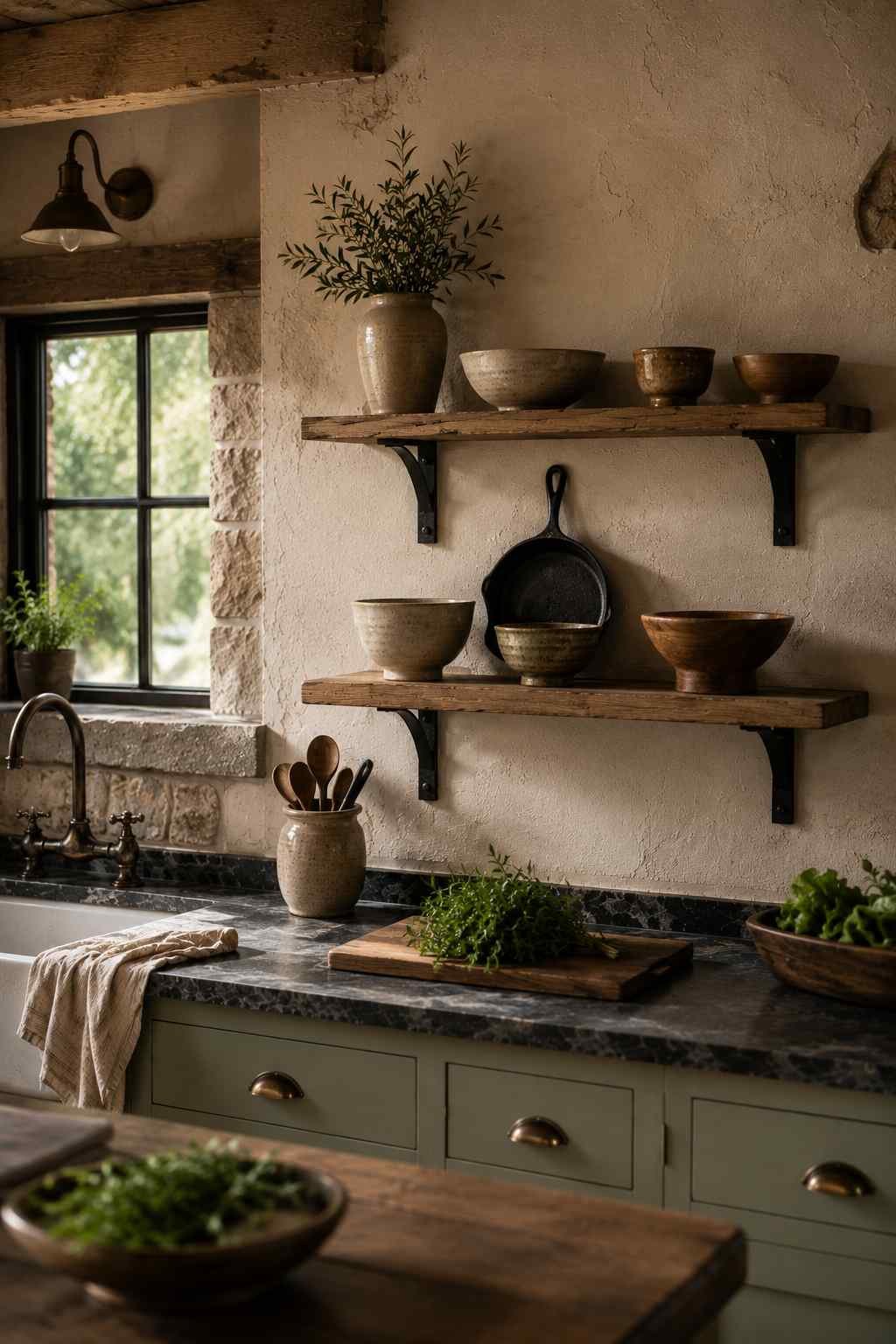 Two reclaimed wood floating shelves with black iron brackets display handmade stoneware bowls, a cast iron skillet, and a turned wooden bowl against a lightly textured plaster wall. Warm natural light from a nearby window highlights the handcrafted textures, creating a timeless, collected-over-time feel.