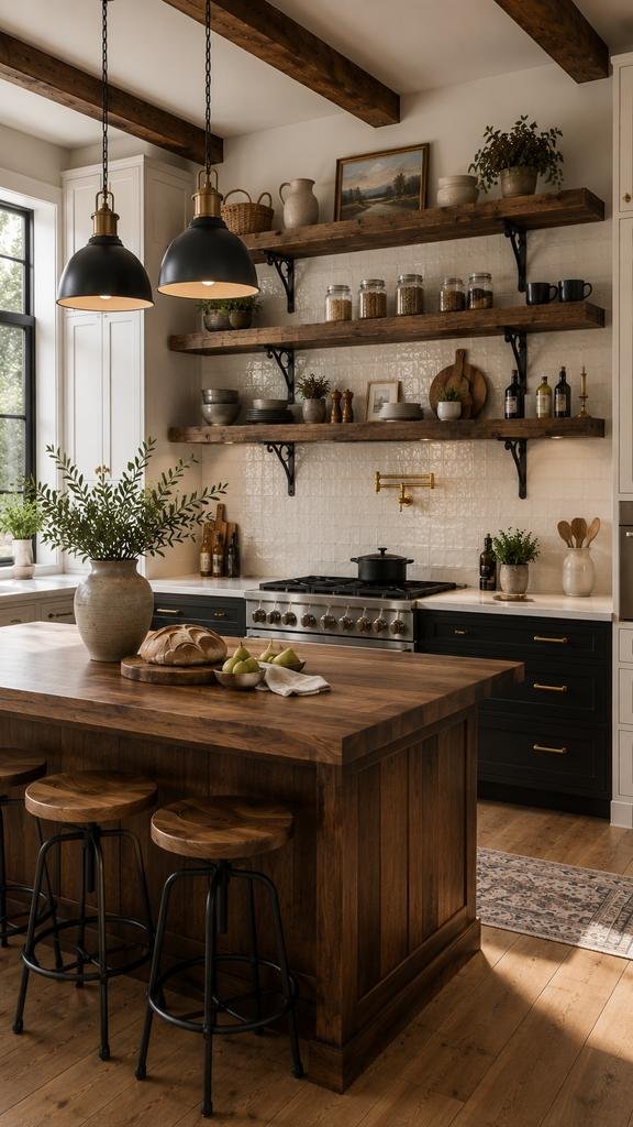 Farmhouse kitchen showcasing thick reclaimed wood shelves mounted on decorative black iron brackets, styled with handcrafted pottery, glass storage jars, woven baskets, and wooden serving boards above a professional range and warm wood island.