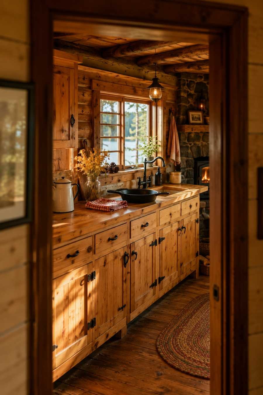 Cozy rustic cabin kitchen featuring knotty pine butcher block countertops, matching wood cabinets, black iron hardware, exposed timber beams, farmhouse sink, cast iron skillet, stone fireplace, and warm golden afternoon light viewed through a wooden doorway.