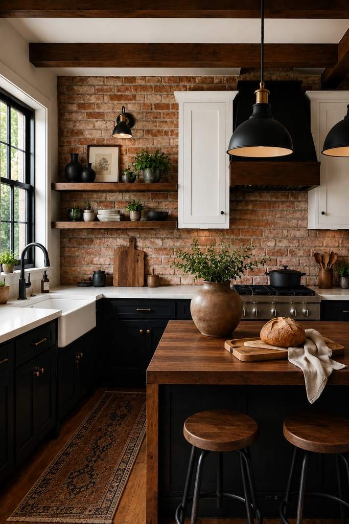 Rustic modern farmhouse kitchen featuring black shaker cabinets, exposed brick backsplash, white upper cabinets, dark wood ceiling beams, a large wooden island with bar stools, black pendant lights, open floating shelves, a farmhouse sink, and warm natural lighting.