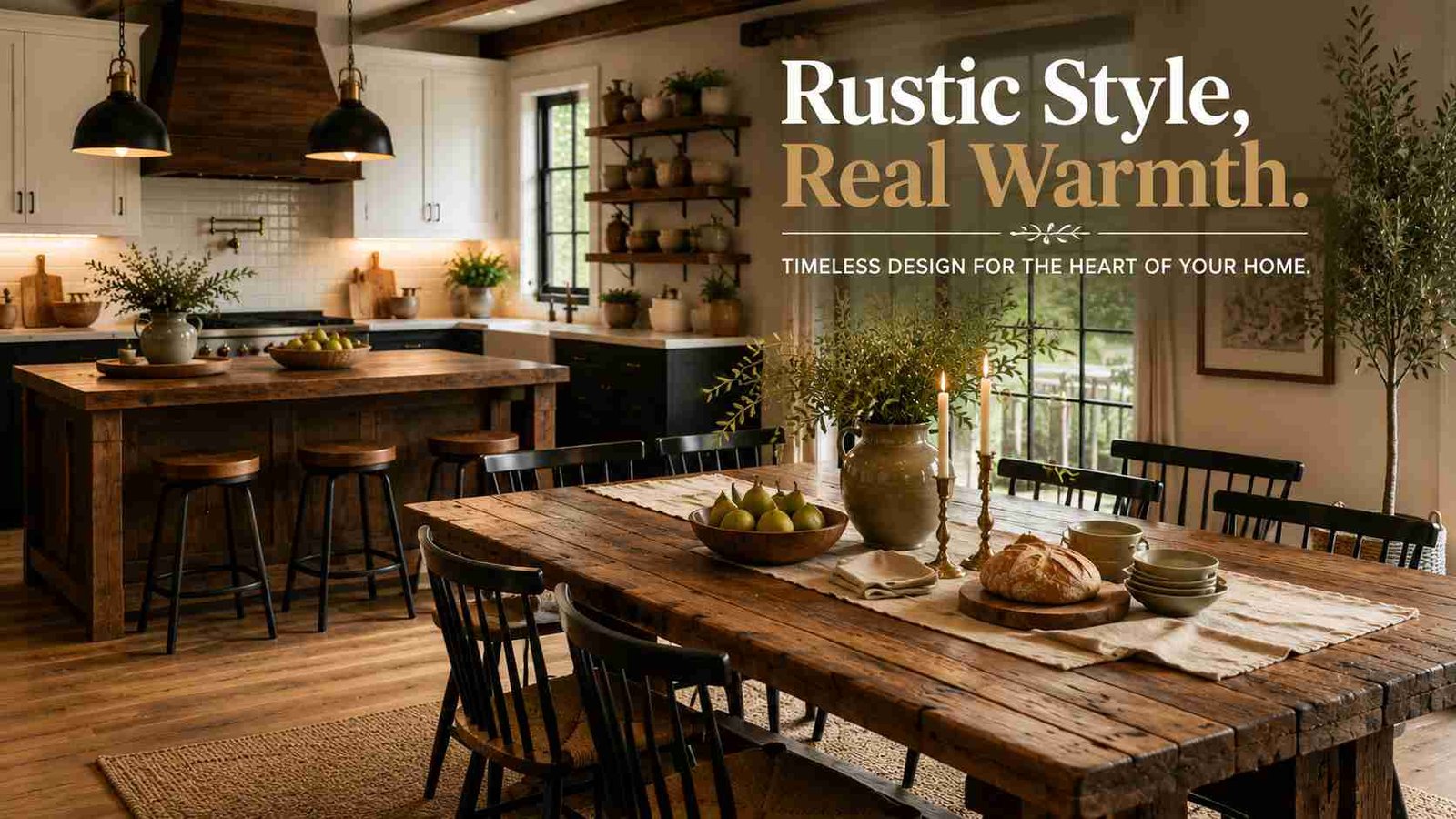 Featured image of a rustic modern farmhouse kitchen with a reclaimed wood dining table, black kitchen island, white shaker cabinets, open wood shelving, exposed ceiling beams, industrial pendant lights, and warm natural lighting in an open-concept space.