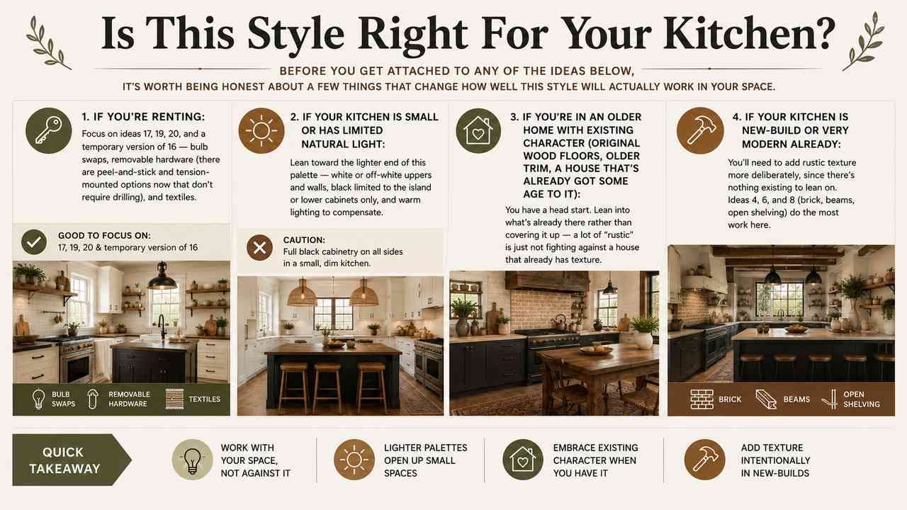 Landscape infographic outlining when rustic modern kitchen design works best, including recommendations for renters, low-light spaces, older homes, and new construction, with visual examples and quick design tips.