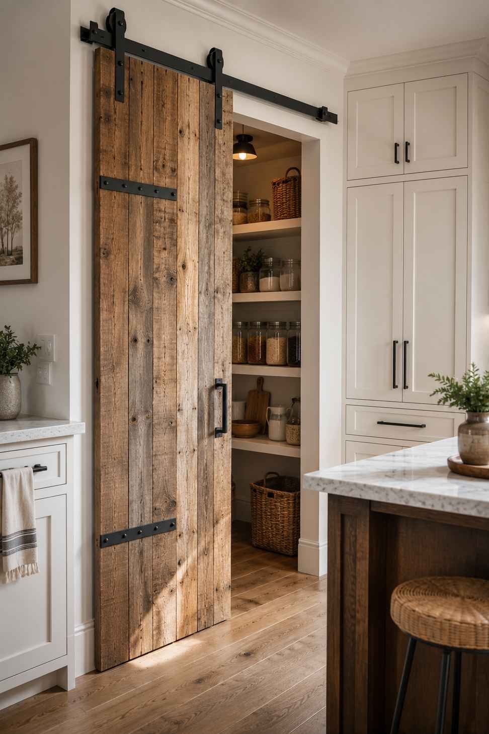 Reclaimed wood sliding barn door on a black steel track opening to a slim pantry nook with white shaker cabinets, quartz countertops, warm oak flooring, and a kitchen island in a modern farmhouse kitchen.