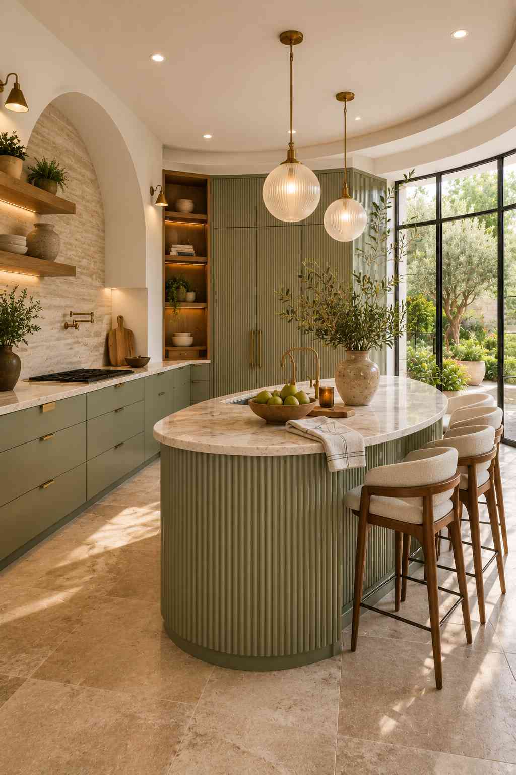 Contemporary kitchen featuring sage green fluted cabinet fronts, a matching ribbed oval island with a light stone countertop, curved cabinetry, warm brass accents, natural stone flooring, large floor-to-ceiling windows, and soft natural light for a refined modern organic look.