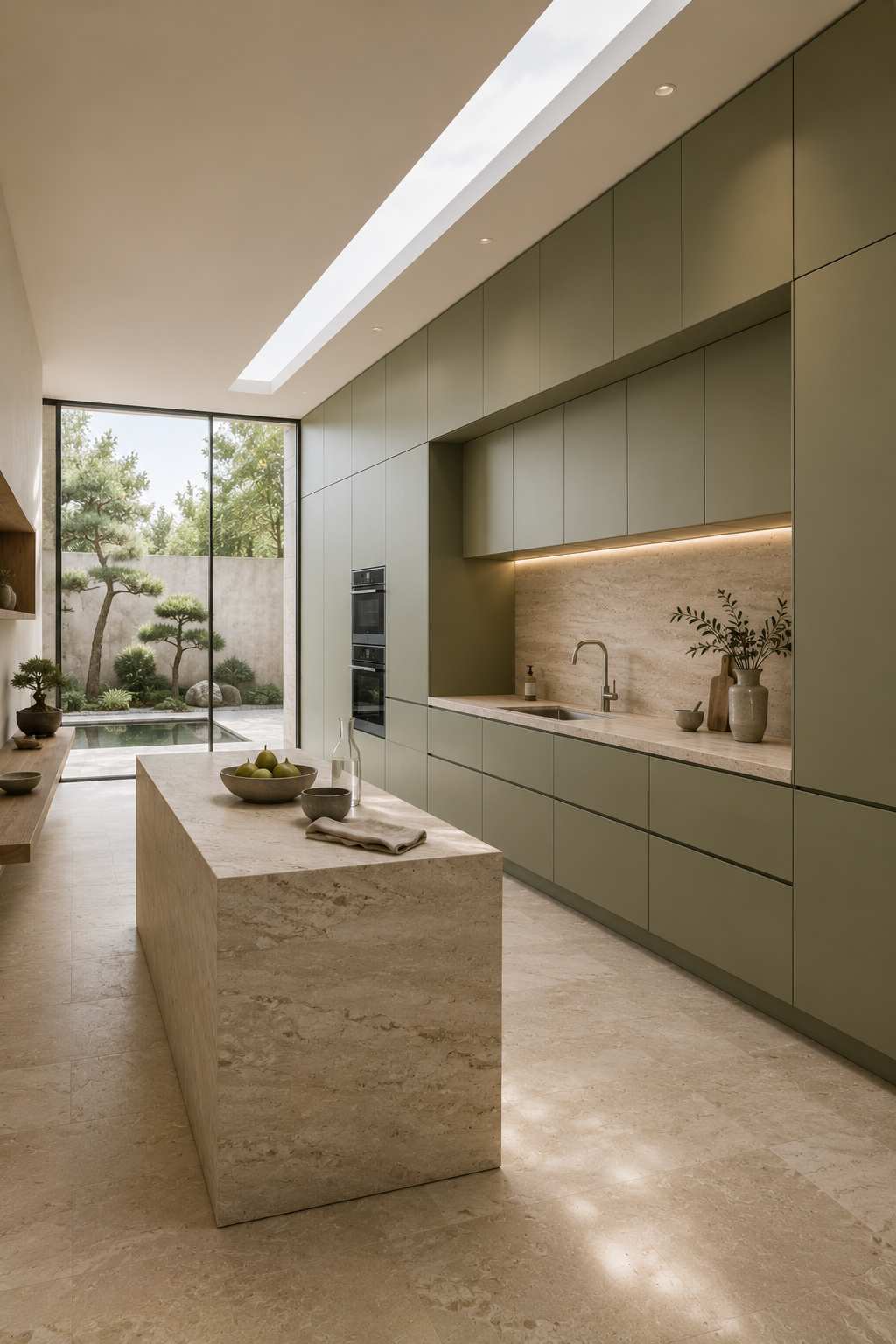 Minimalist European-style kitchen featuring matte sage green handleless cabinets with push-to-open doors, a sculptural travertine prep island, integrated appliances, warm stone flooring, a skylight, and floor-to-ceiling glass overlooking a tranquil courtyard filled with natural light.