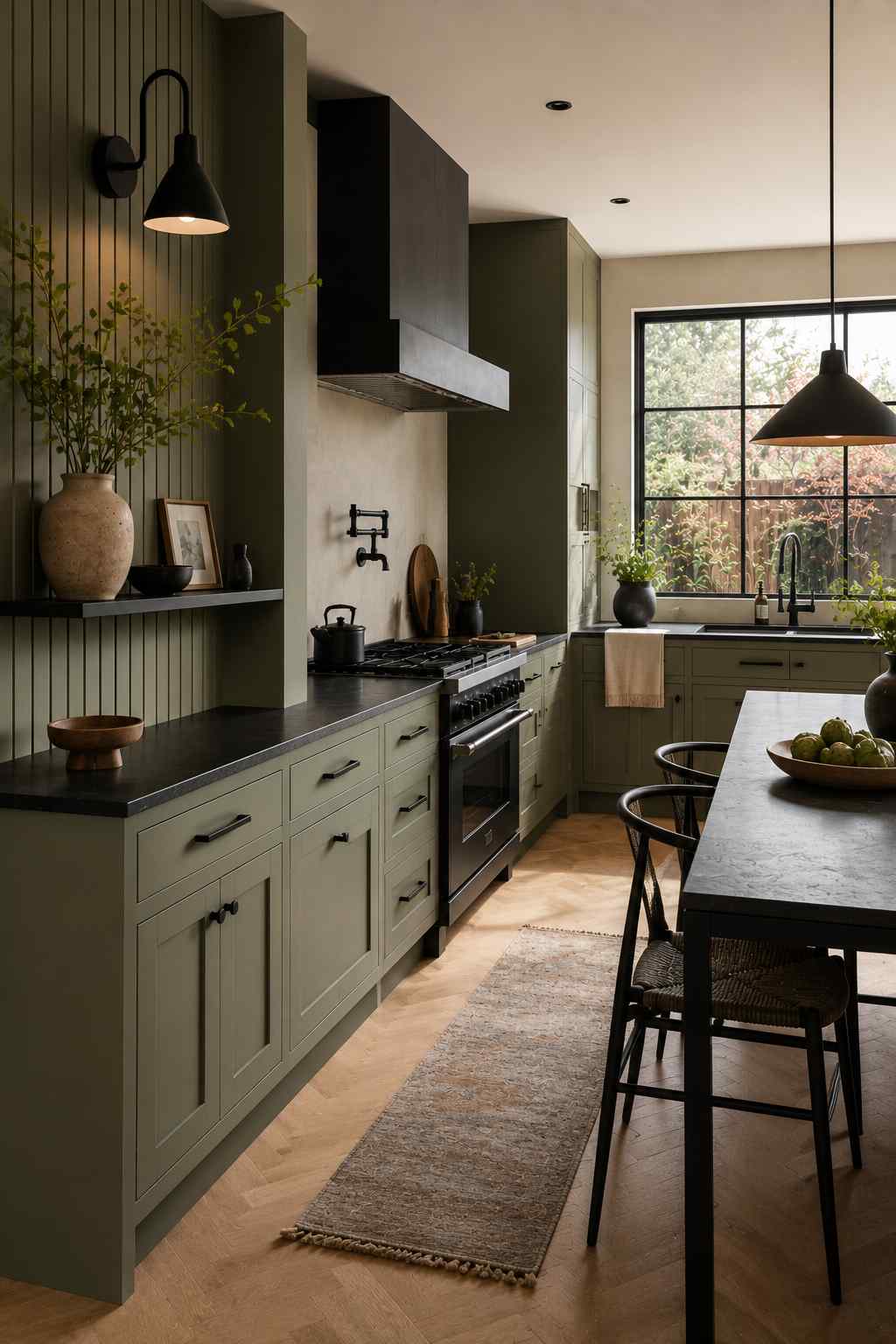 Modern kitchen featuring sage green shaker cabinets, matte black faucet and hardware, black range hood, charcoal countertops, warm herringbone wood flooring, and soft natural light streaming through a large black-framed window for a bold, contemporary look.