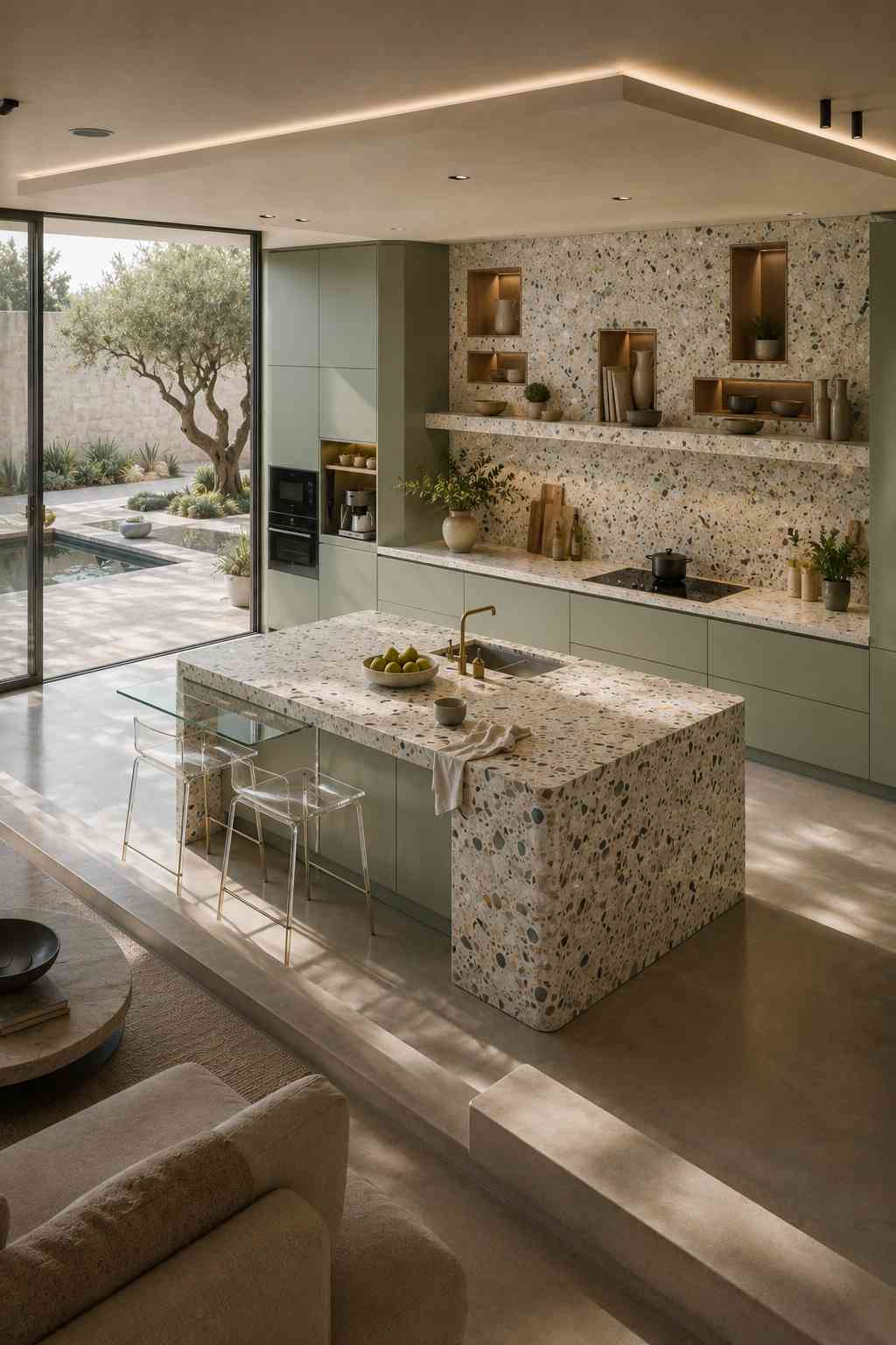 Modern split-level kitchen featuring matte sage green cabinets, a statement terrazzo waterfall island and matching countertops, polished concrete flooring, floating glass breakfast shelf, recessed oak display niches, and floor-to-ceiling windows overlooking a peaceful courtyard filled with natural light.
