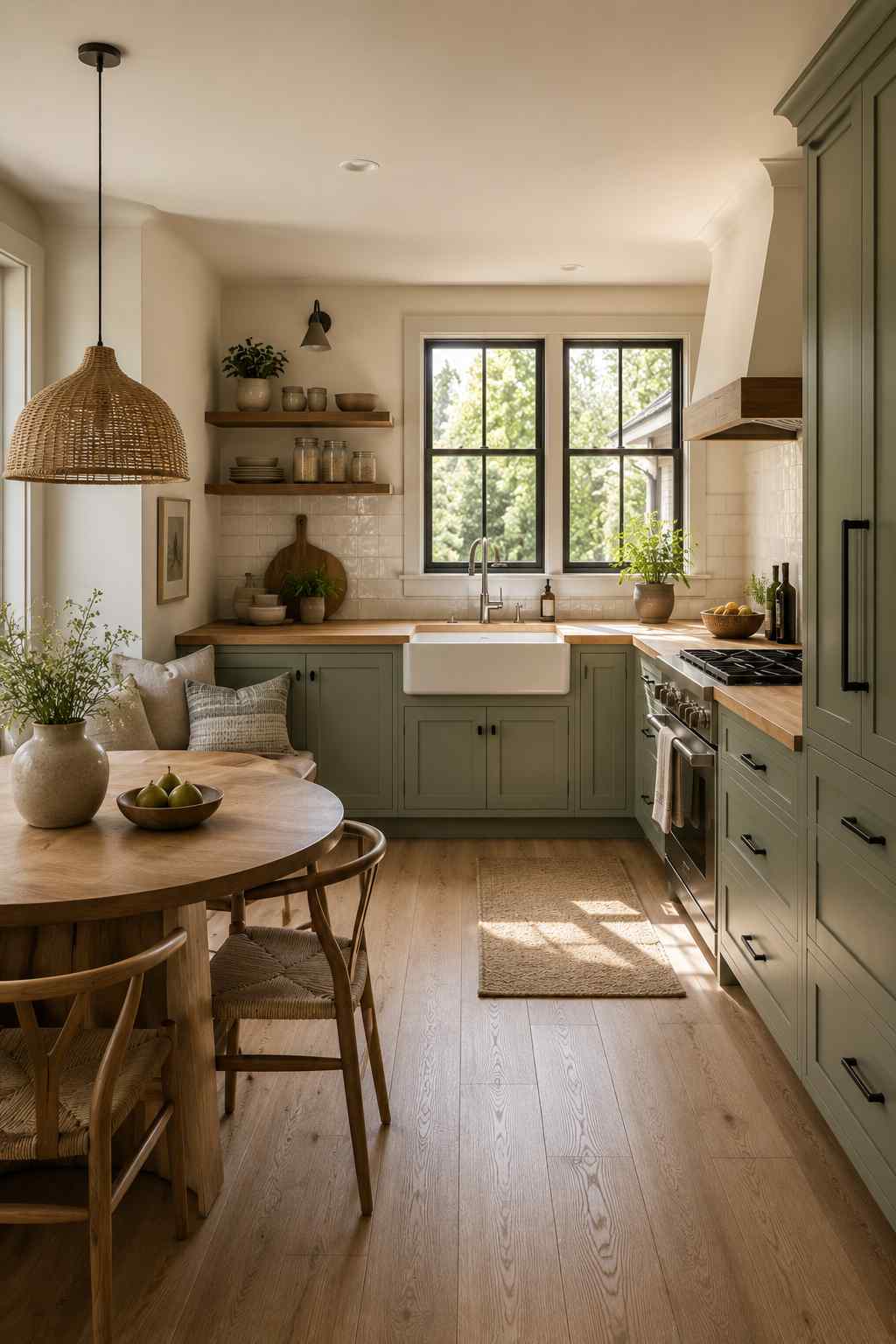 Cozy Scandinavian-inspired kitchen featuring sage green shaker cabinets, natural butcher block countertops, a farmhouse sink, open wood shelving, a round oak dining table, woven chairs, and large windows that fill the space with warm natural light.