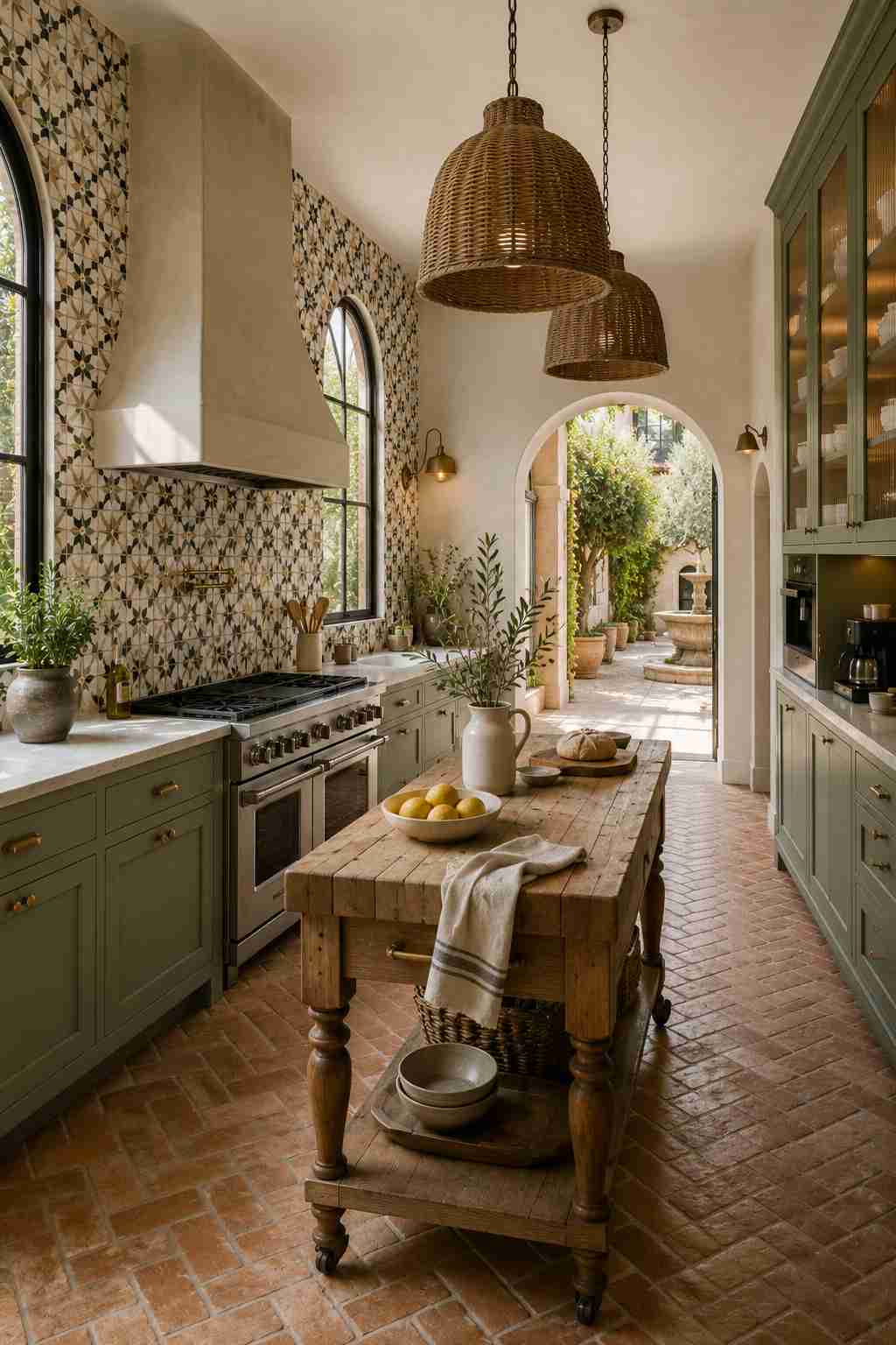 Mediterranean-inspired kitchen featuring sage green shaker cabinets, a striking Moroccan-style geometric tile backsplash, a plaster range hood, warm terracotta herringbone flooring, a rustic butcher block island, woven pendant lights, and an arched doorway leading to a sunlit courtyard.