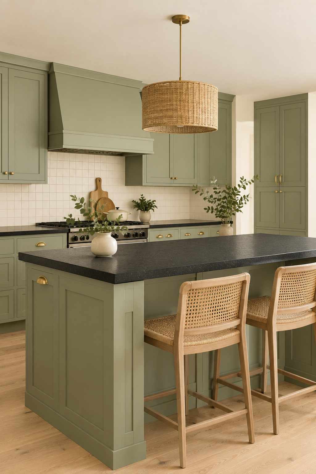 Modern cottage-style kitchen featuring a sage green shaker kitchen island with a matte black leathered granite countertop, woven cane pendant light, brass cup pulls, cane-back bar stools, off-white square tile backsplash, and light white oak flooring illuminated by soft natural daylight.