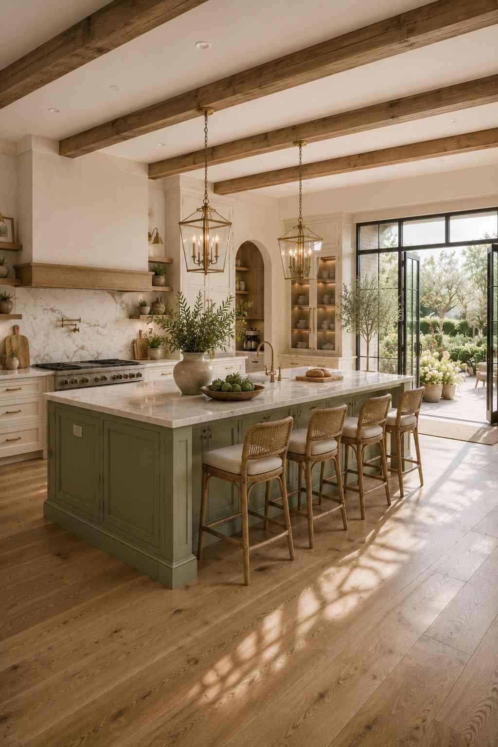 Bright transitional kitchen featuring a sage green island with a white marble countertop, warm ivory cabinetry, rustic wood ceiling beams, wide-plank oak flooring, brass lantern pendants, and large glass doors opening to a lush garden, creating a timeless and elegant focal point.