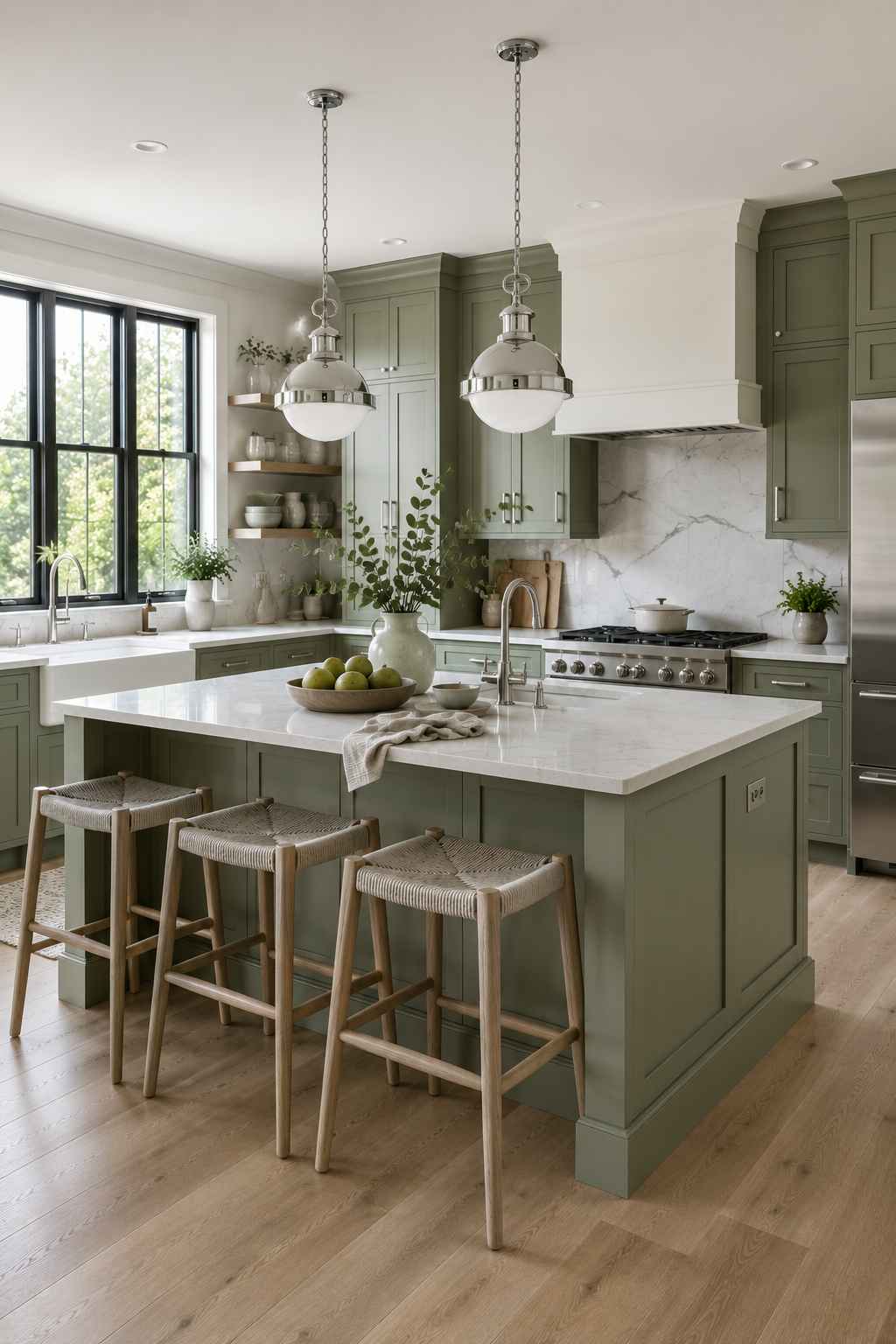 Bright modern kitchen with sage green shaker cabinets, brushed nickel hardware, a white quartz island, chrome pendant lights, light oak flooring, and large black-framed windows that fill the space with soft natural daylight for a fresh, cool-toned look.