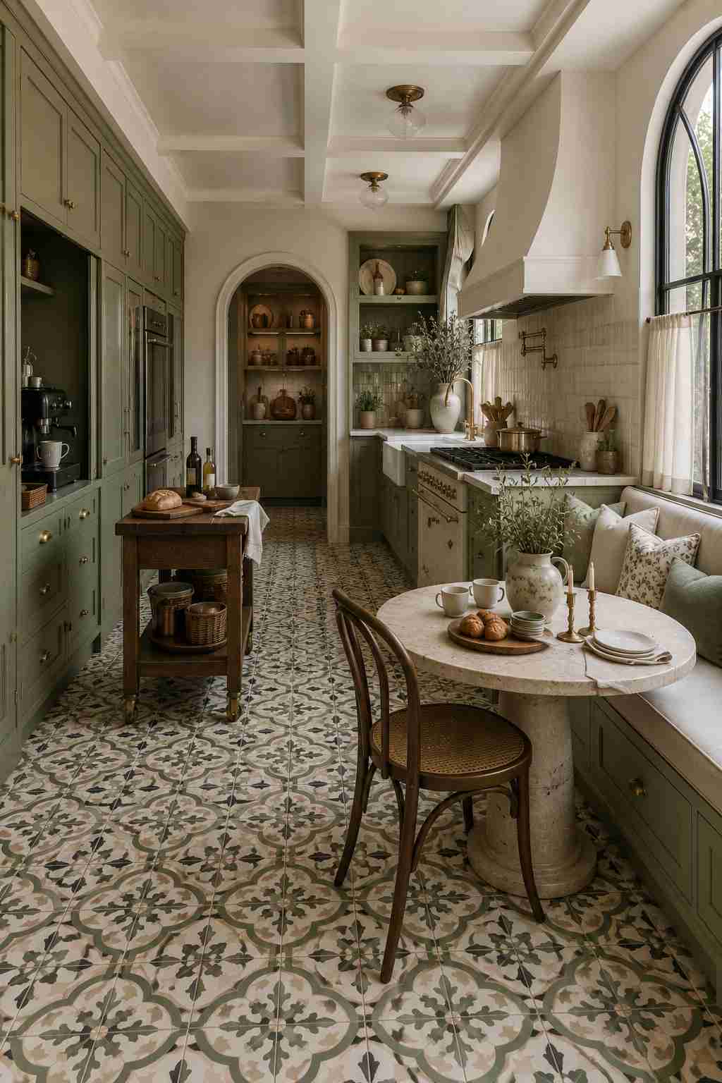 Traditional-inspired kitchen featuring sage green inset cabinets, a patterned encaustic tile floor in sage and cream tones, a cozy built-in breakfast nook, a round stone pedestal table, brass hardware, and soft natural light streaming through large arched windows.