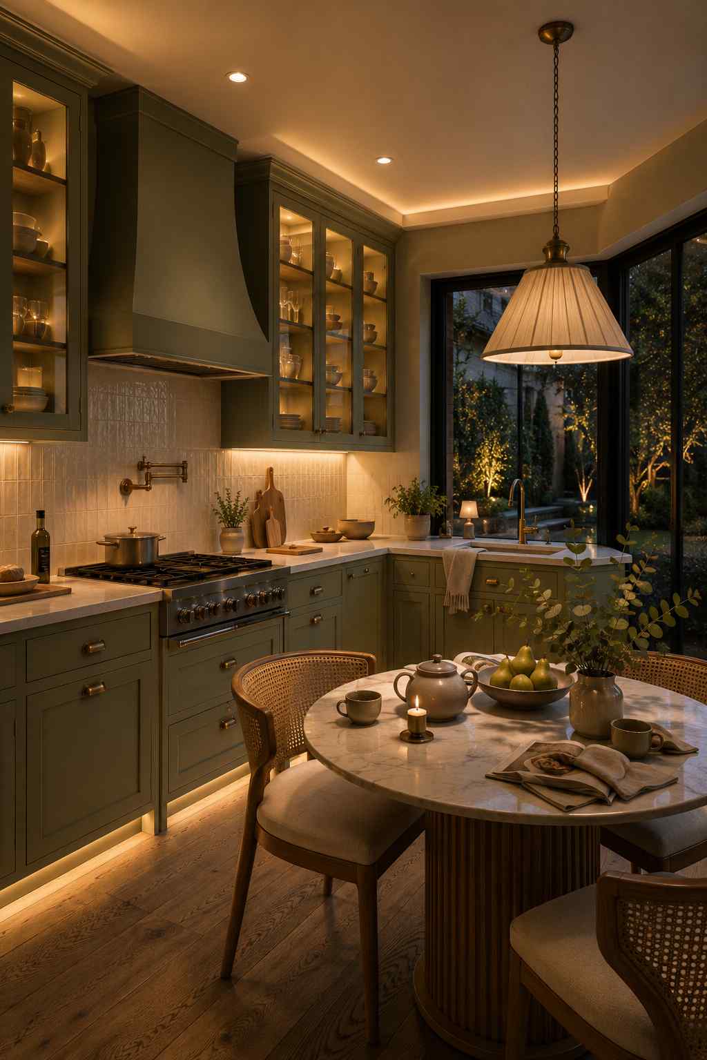 Luxury sage green kitchen featuring matte shaker cabinets, warm 2700K dimmable lighting, a marble café table with fluted wood base, cane dining chairs, antique brass accents, illuminated glass-front cabinets, smoked oak flooring, and large corner windows overlooking a softly lit evening garden.