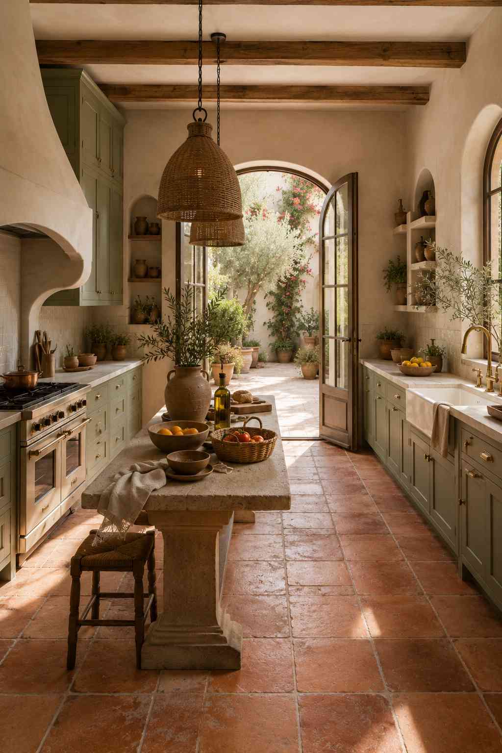 Sunlit Mediterranean-style kitchen featuring sage green shaker cabinets, warm terracotta floor tiles, creamy stone countertops, a rustic limestone prep table, exposed wood beams, arched French doors opening to a lush courtyard, and soft natural light creating a cozy, collected atmosphere.