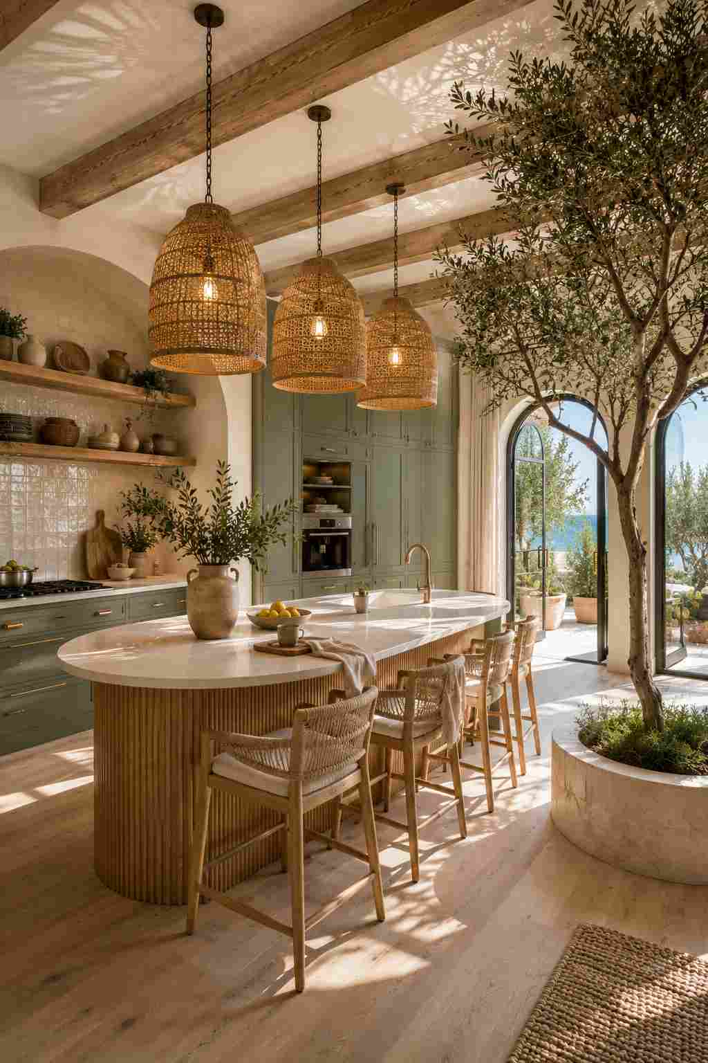 Bright modern organic kitchen featuring sage green shaker cabinets, oversized woven rattan pendant lights, a fluted oak island with a light stone countertop, woven counter stools, an indoor olive tree, open wood shelving, light oak flooring, and arched French doors that fill the space with warm natural sunlight.