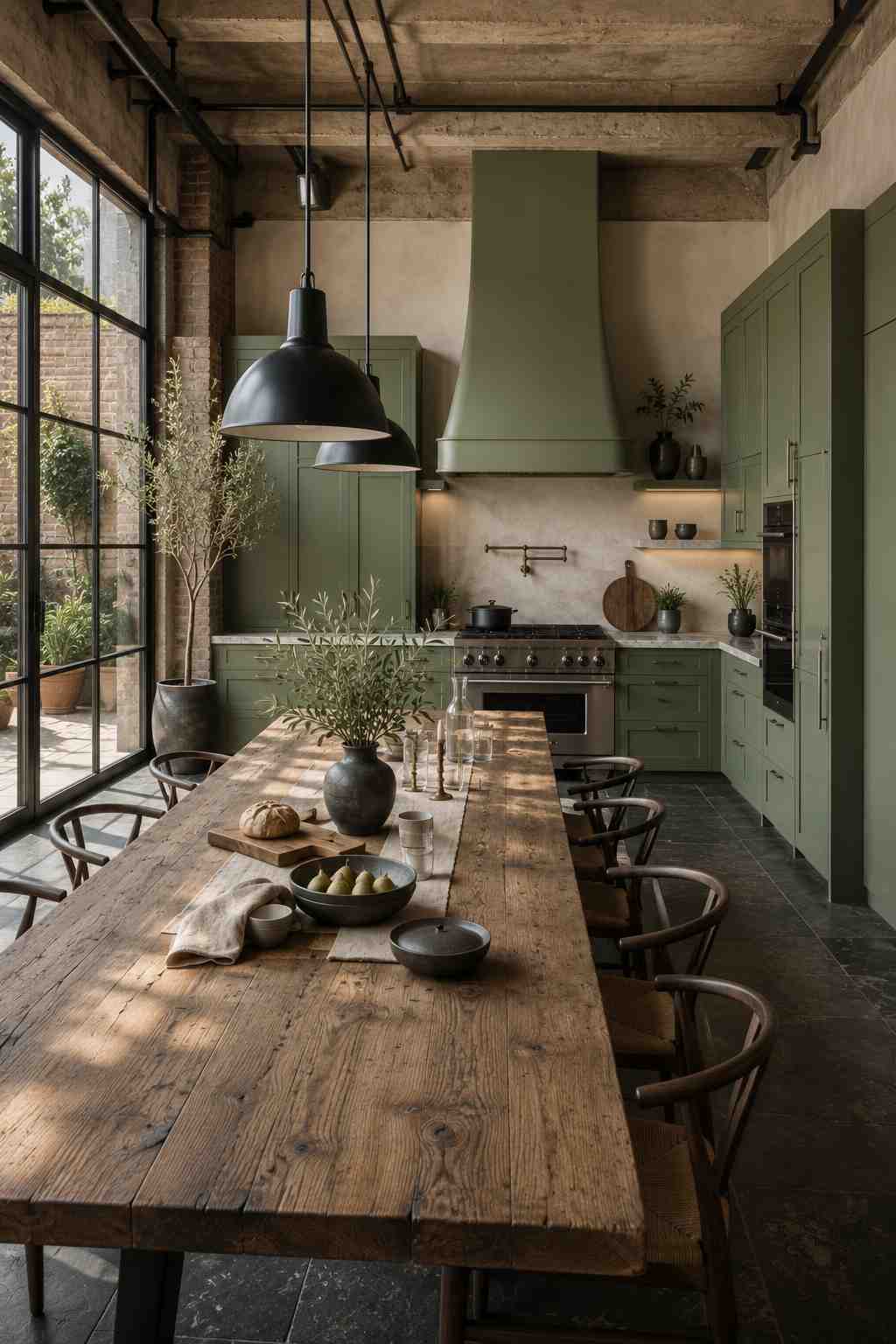 Industrial-inspired kitchen featuring sage green cabinets and a matching exposed range hood, charcoal stone flooring, a reclaimed wood dining table, black pendant lights, large steel-framed windows, and warm natural light for a modern architectural look.