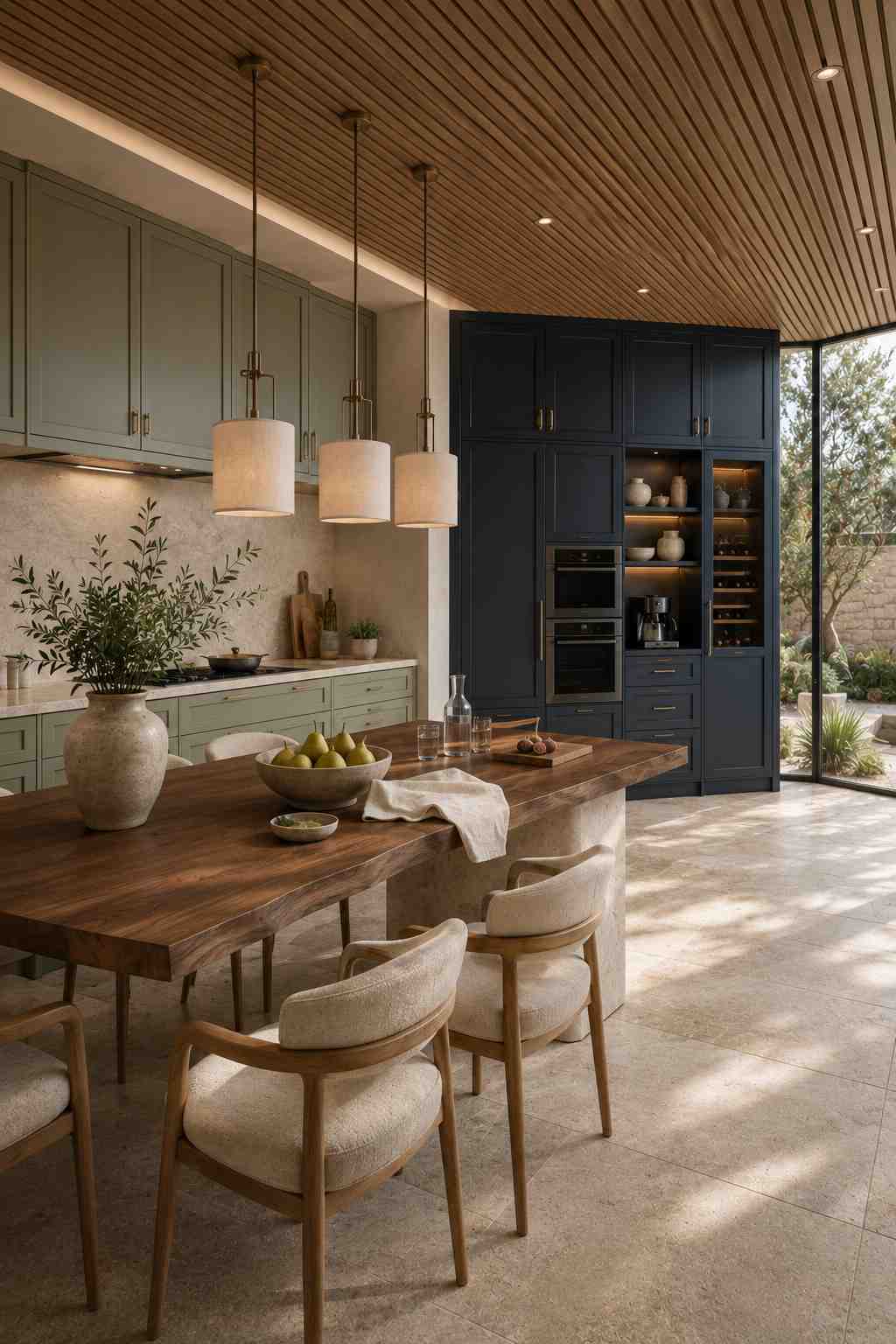 Modern kitchen featuring sage green cabinets paired with a contrasting navy blue pantry wall, a floating walnut dining peninsula, light stone countertops, warm wood ceiling slats, upholstered dining chairs, and floor-to-ceiling windows that fill the space with natural light.