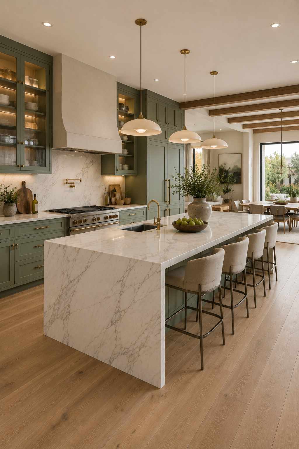 Bright open-concept kitchen featuring sage green cabinets, a white marble waterfall island, floor-to-ceiling cabinetry, brass hardware, light oak flooring, sculptural pendant lights, and large sliding glass doors that fill the space with warm natural light.