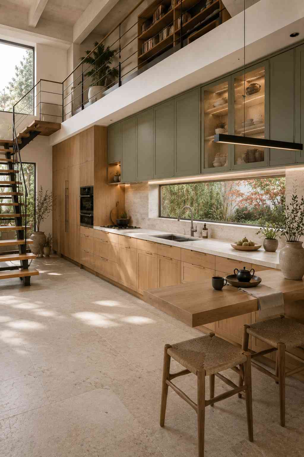 Modern organic kitchen featuring sage green lower cabinets, natural wood upper cabinets, a floating oak breakfast bar, light stone countertops, large ribbon windows, a loft-style staircase, and soft natural light for a warm Japandi-inspired look.