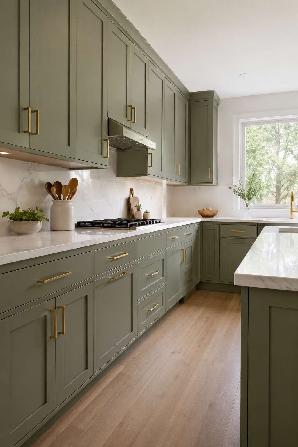Bright modern kitchen featuring sage green shaker cabinets with warm brass hardware, white quartz countertops, a marble-look backsplash, light wood flooring, and soft natural sunlight creating a fresh, timeless design.