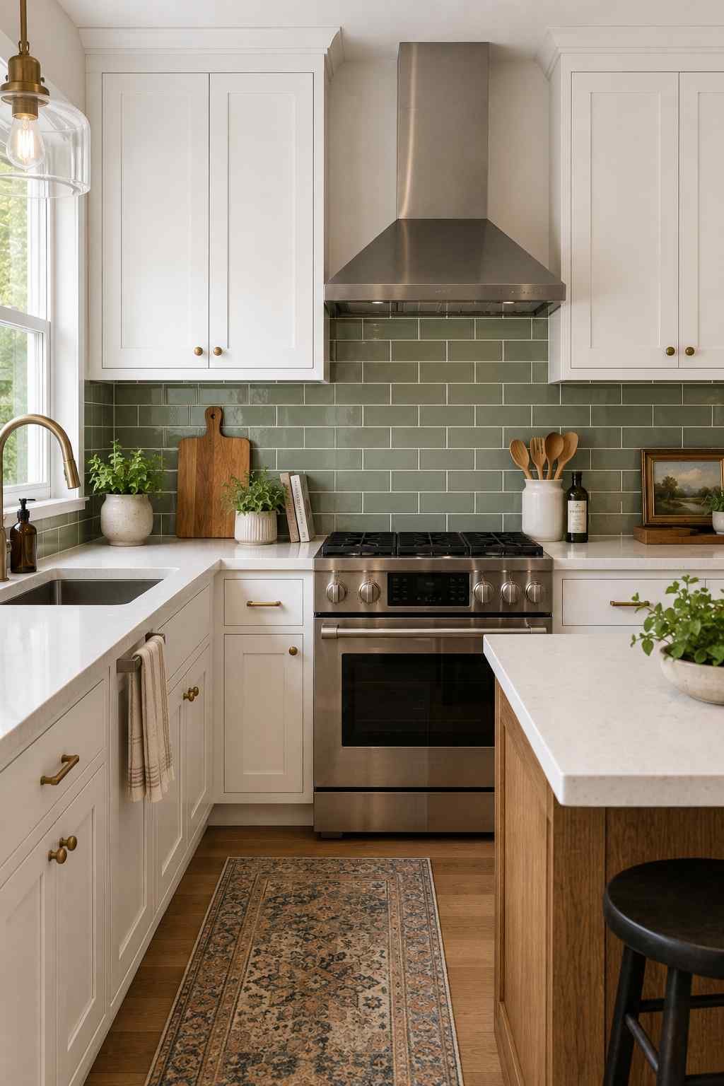 Bright kitchen featuring a sage green subway tile backsplash paired with white shaker cabinets, white quartz countertops, warm brass hardware, a stainless steel range, and natural wood accents, adding a soft pop of color while keeping the space timeless and inviting.