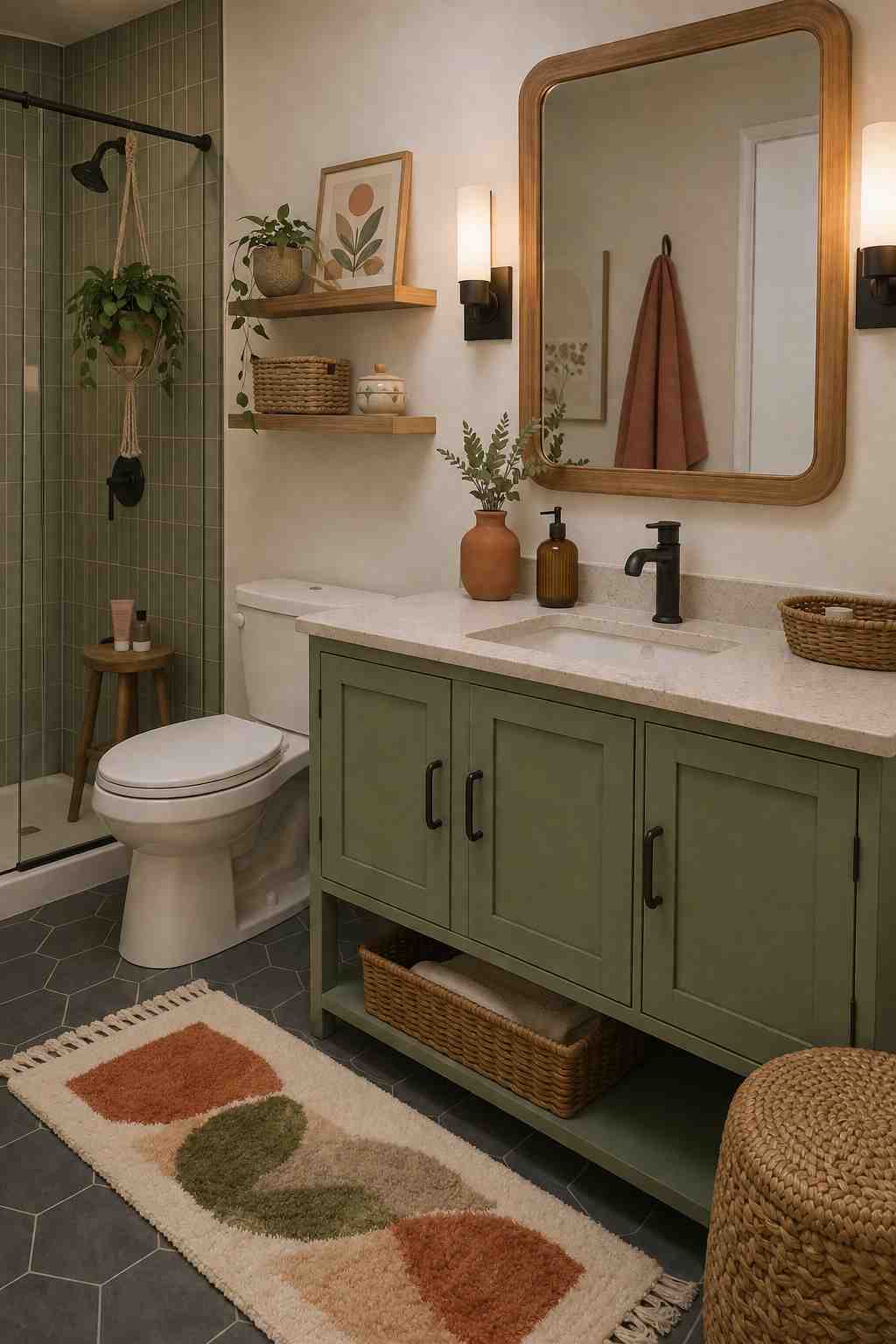 A cozy bathroom with a sage green vanity, matching shower tiles, and warm wood accents. Floating shelves with woven baskets, plants, and simple decor give the space a relaxed, welcoming feel, while black fixtures add a modern touch.