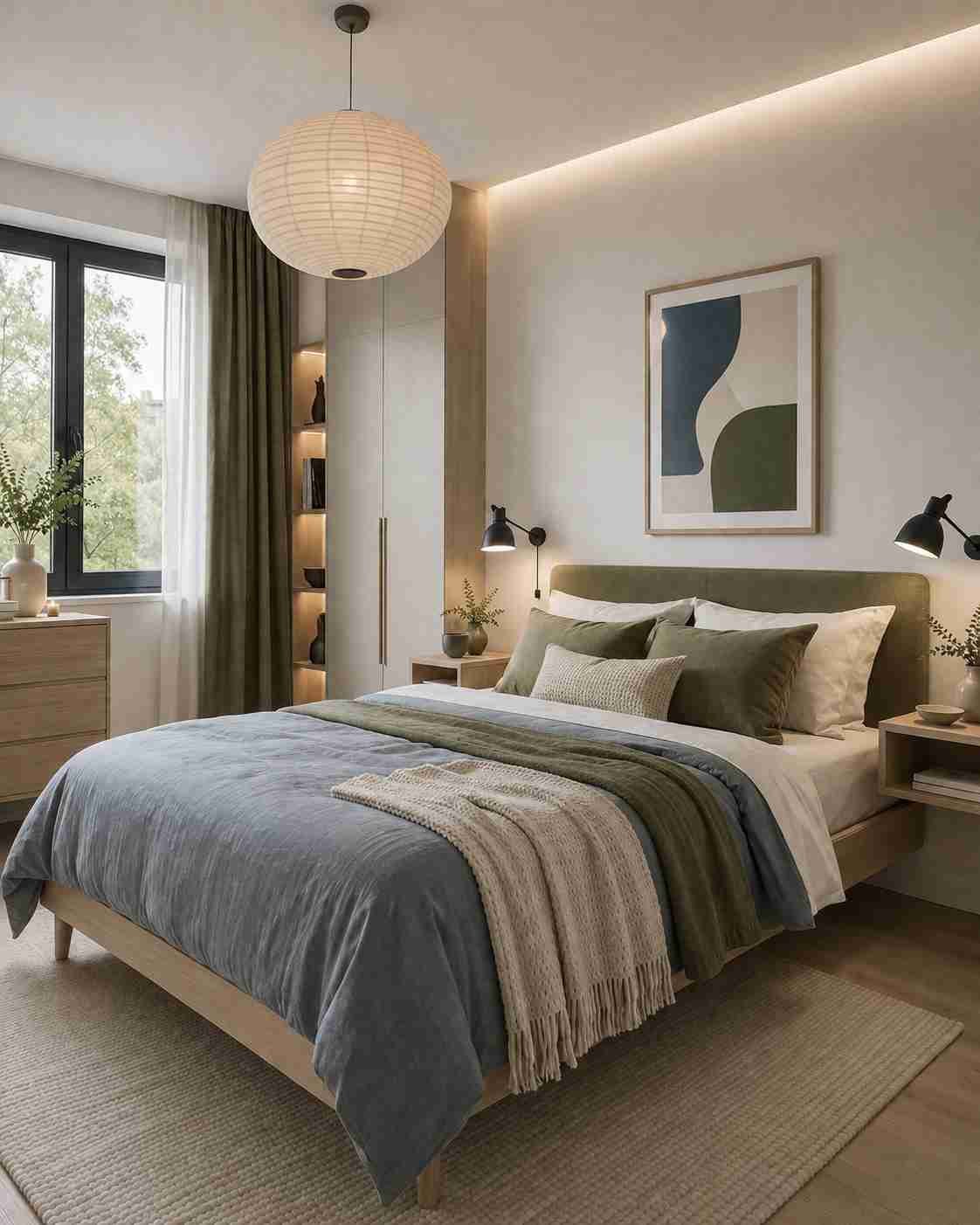 A cozy modern bedroom with soft blue and olive-green bedding, warm ambient lighting, and light wood furniture. A large paper pendant lamp, minimalist artwork, and a window overlooking leafy trees create a calm, inviting space perfect for relaxing at the end of the day.