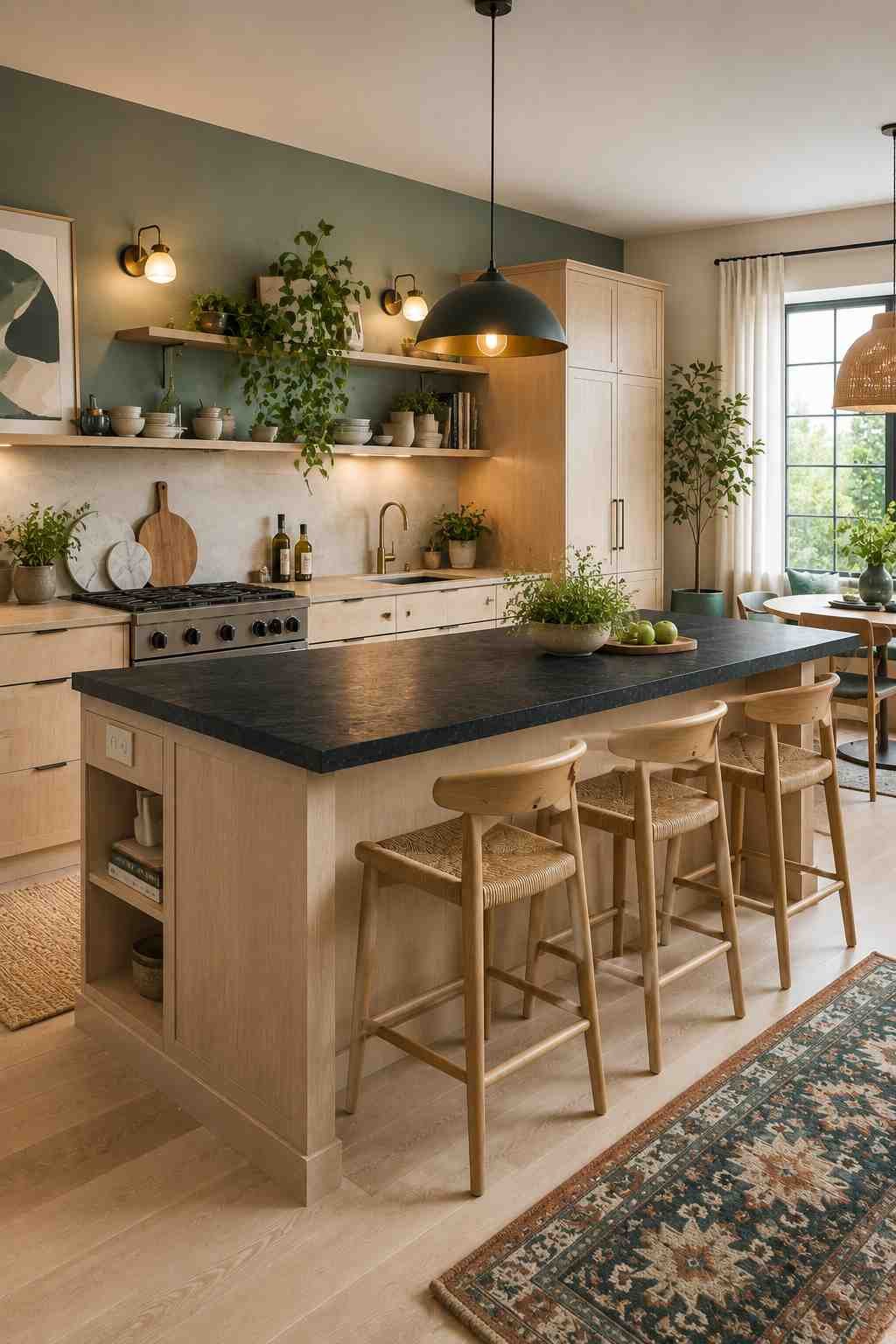 Bright Scandinavian-style kitchen featuring a pale ash wood kitchen island with a black leathered granite countertop, open shelving, warm sage accent wall, natural wood bar stools, indoor plants, soft neutral décor, and abundant natural daylight.