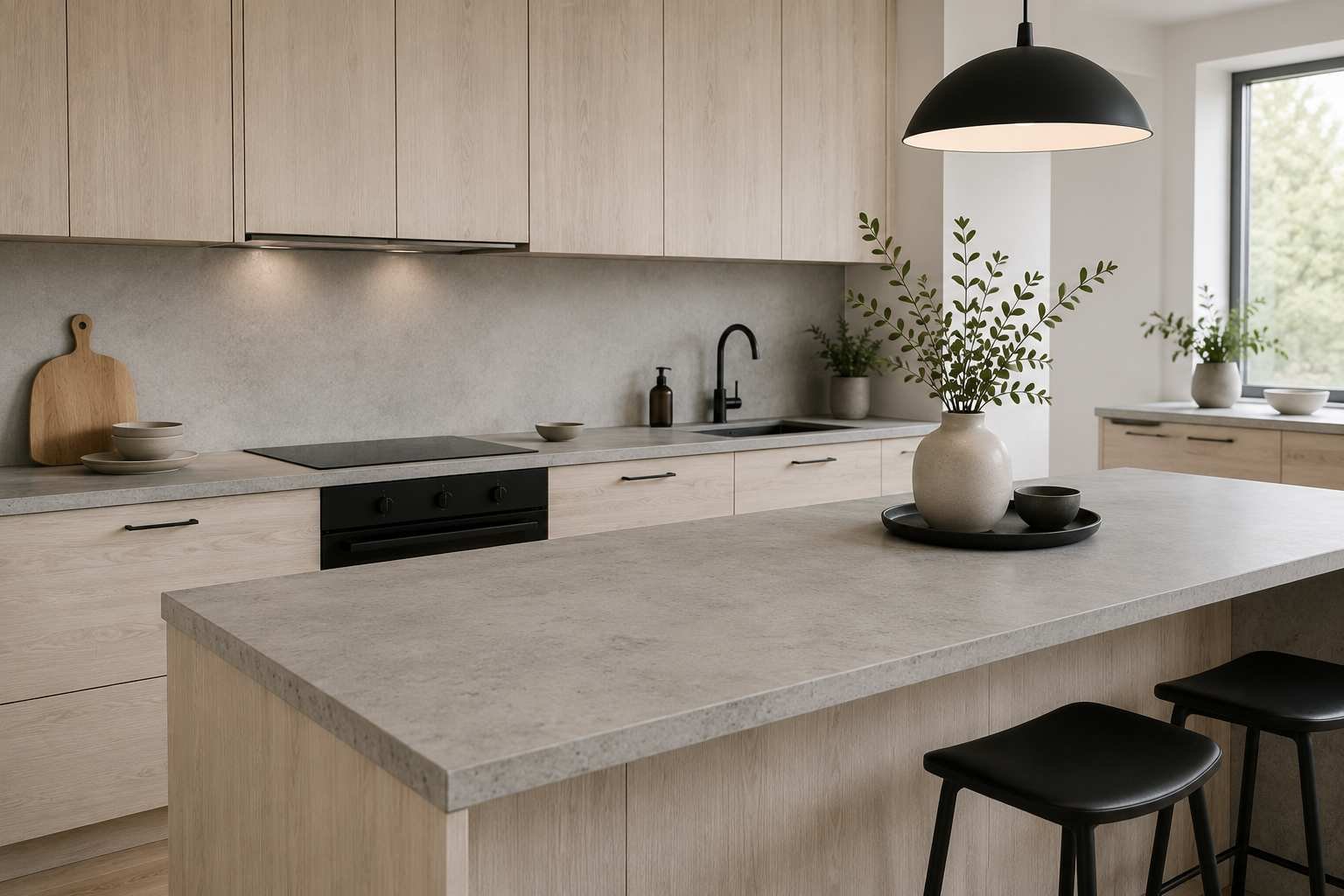 Minimalist Scandinavian kitchen featuring light ash wood cabinets, matte concrete-look quartz countertops, matte black hardware, a simple neutral backsplash, and soft natural daylight creating a clean, calm, contemporary interior.