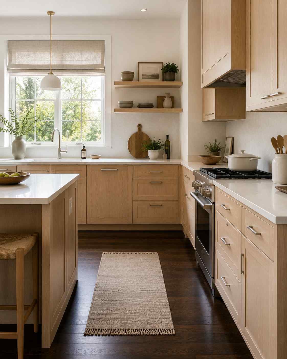 Bright Scandinavian-style kitchen featuring pale oak cabinets, dark walnut wood flooring, white quartz countertops, brushed nickel hardware, open wood shelving, a linen Roman shade, and abundant natural light for a warm, modern minimalist kitchen design.