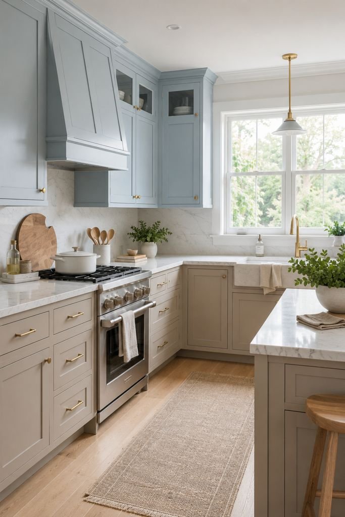 Photorealistic Scandinavian-inspired kitchen featuring soft powder-blue upper cabinets, warm greige lower cabinets, white marble-look quartz countertops, brushed brass hardware, light wood flooring, large windows, and soft natural daylight creating a bright and airy atmosphere.