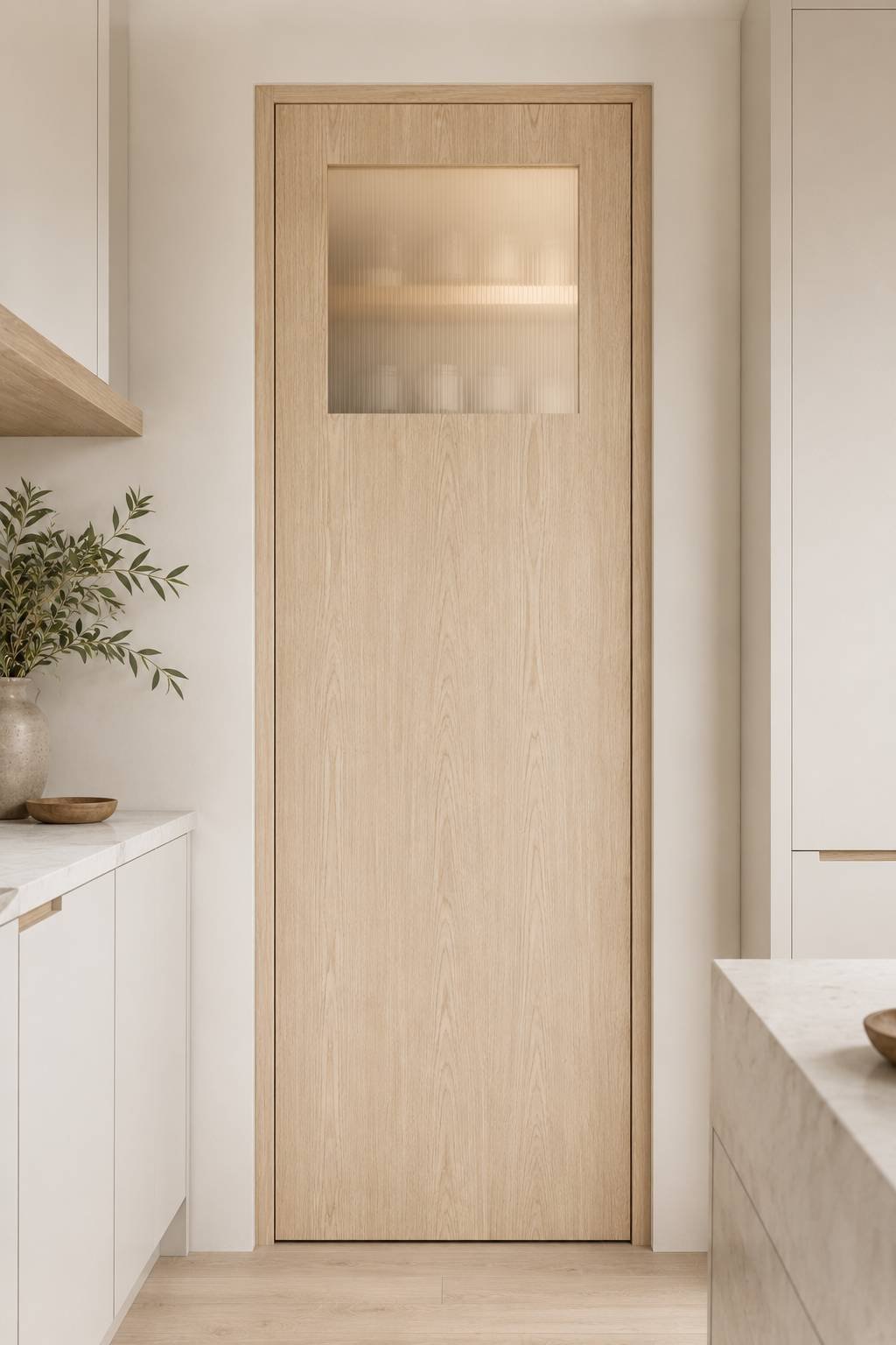 Minimalist Scandinavian pantry door in pale ash wood with a frosted glass upper panel, surrounded by warm white cabinetry, clean lines, soft natural light, and a calm contemporary kitchen interior.