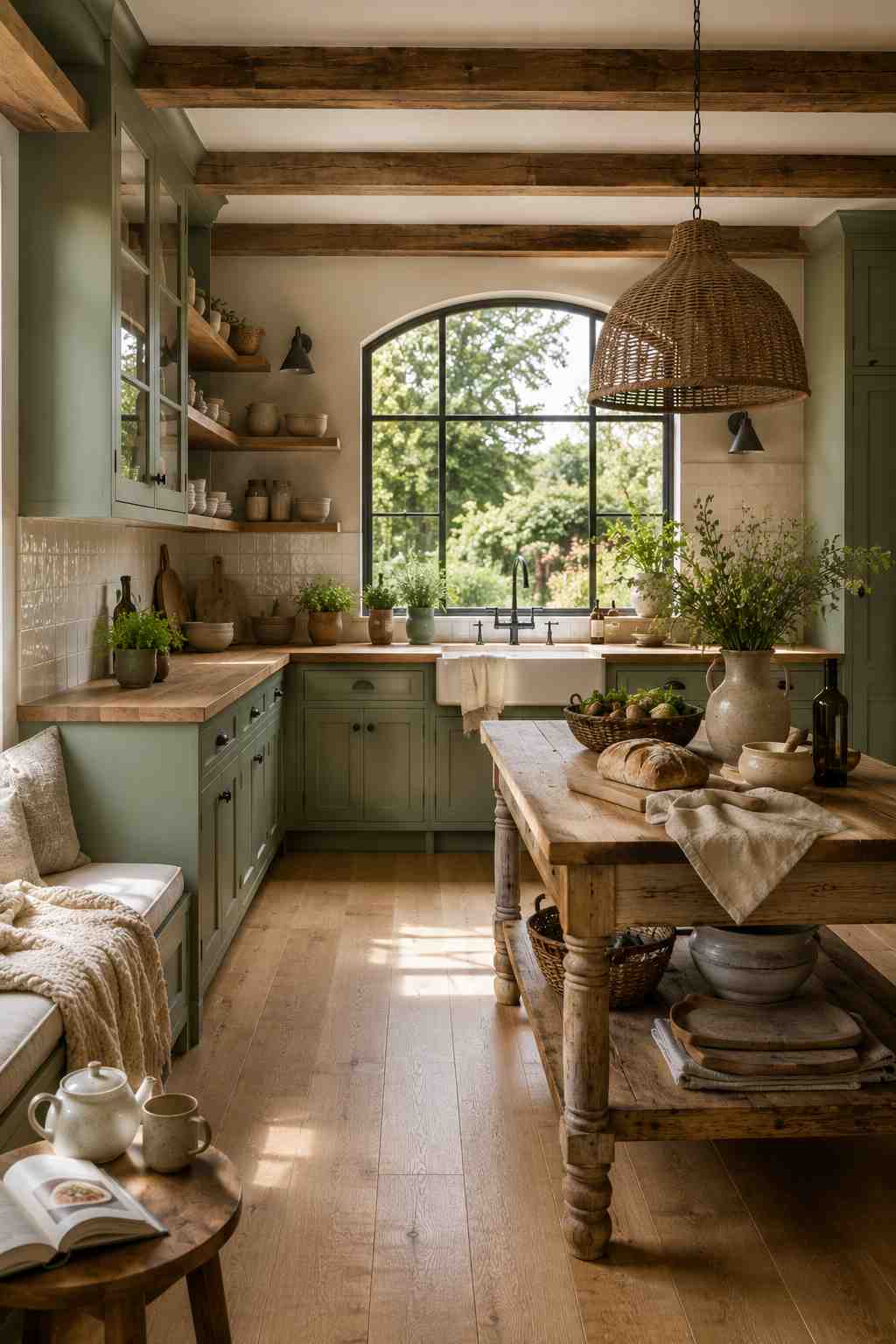 Cozy Scandinavian-inspired kitchen with sage green shaker cabinets, warm butcher block countertops, a farmhouse sink beneath an arched window, a rustic wooden prep table, exposed ceiling beams, open wood shelving, and soft natural sunlight creating a warm, inviting atmosphere.