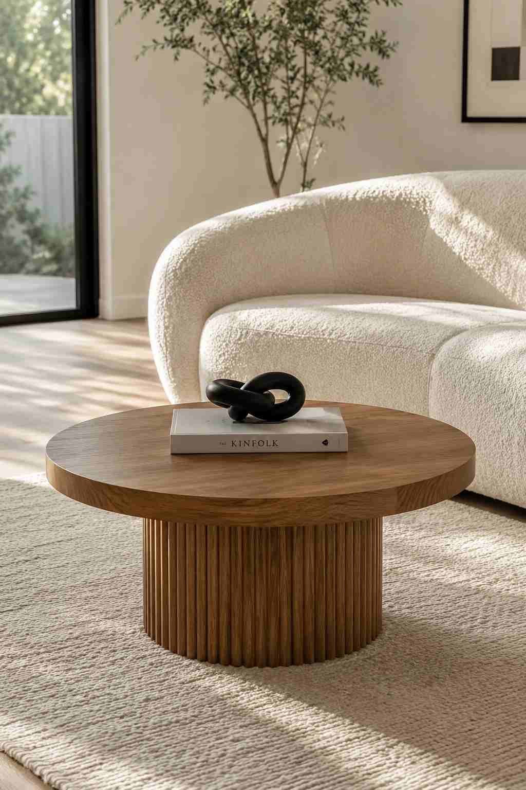 Sculptural fluted pedestal coffee table with a warm oak finish in a minimalist living room