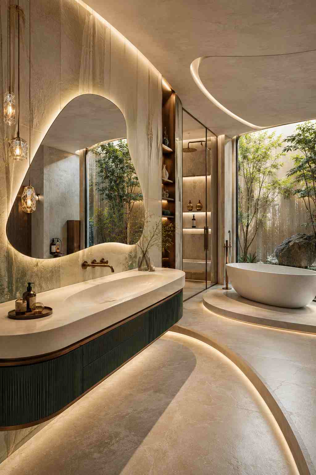 Elegant spa-inspired bathroom featuring a floating curved vanity with a seamless integrated sink, a large organically shaped backlit mirror, warm pendant lighting, a glass walk-in shower, a freestanding bathtub overlooking a tranquil garden courtyard, and soft ambient lighting that highlights the flowing architectural curves.