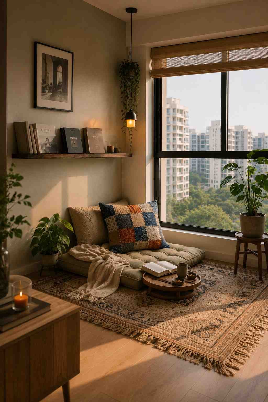 Modern window reading nook with a floor cushion, floating shelf, hanging planter, warm pendant light, and a bright city view through a large window. 