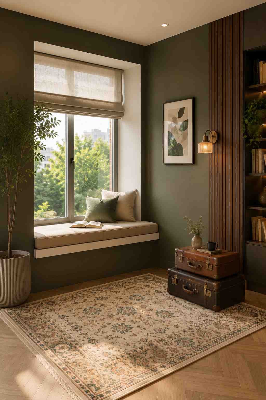 Minimalist window reading nook with a built-in bench seat, vintage suitcases, warm wall lighting, and an olive green accent wall with wooden slat details. 