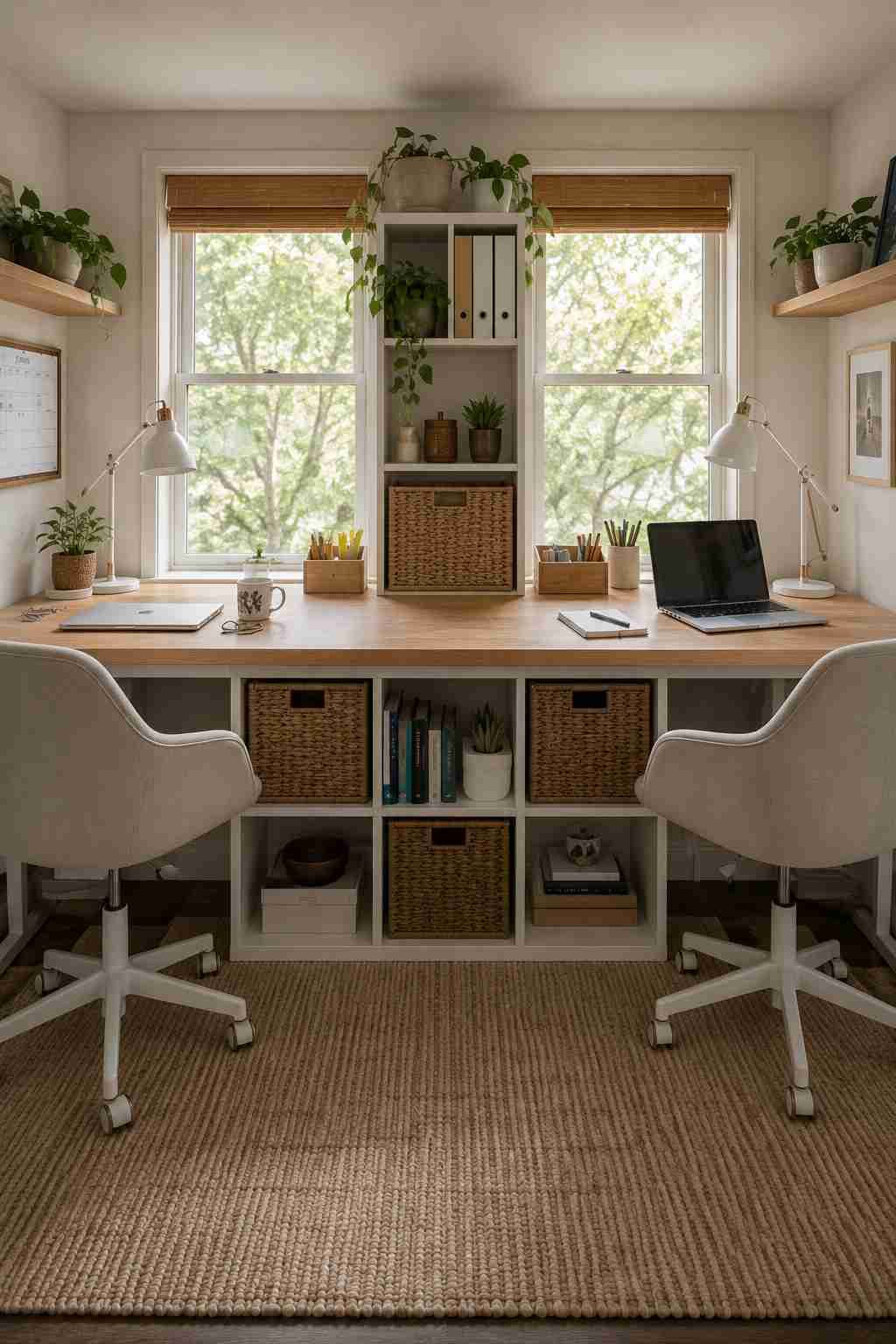 Shared IKEA KALLAX workspace for two with dual desks, woven baskets, indoor plants, and bright natural light from large windows.
