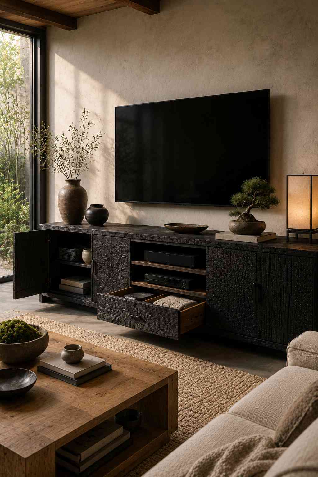 A Japandi-inspired living room featuring a Shou Sugi Ban TV unit crafted from charred wood with a textured matte finish. The open cabinet and drawer reveal neatly organized storage for books, baskets, linens, and media devices, while soft natural sunlight highlights the dramatic wood grain and minimalist dรฉcor.