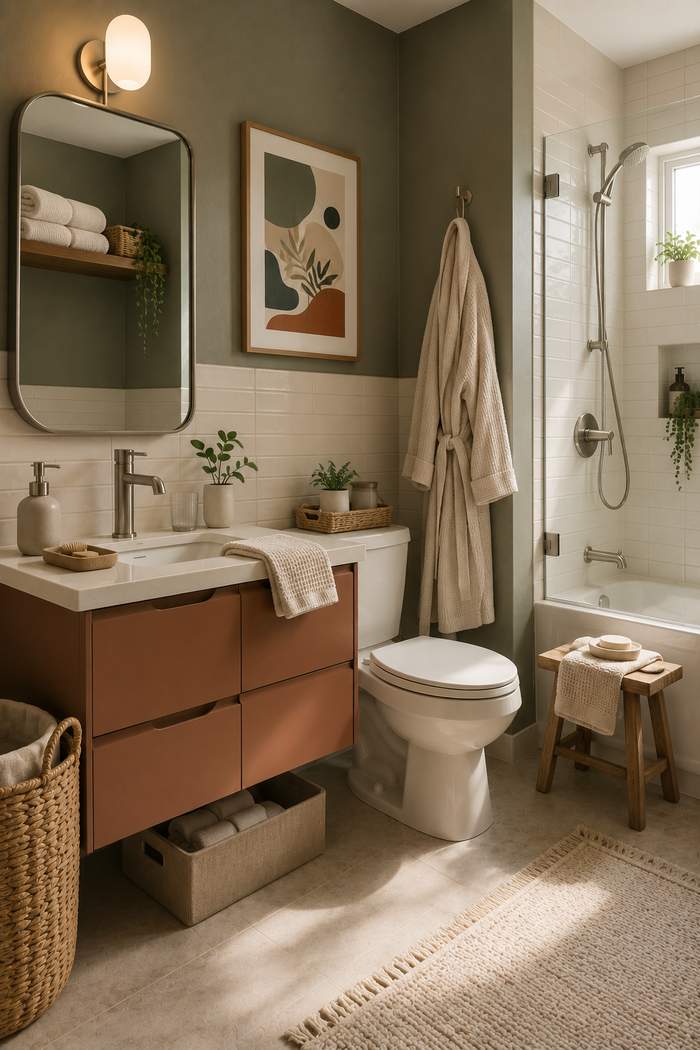 A warm and inviting bathroom with olive-green walls, a terracotta-colored vanity, and crisp white subway tiles. Soft natural light fills the room, highlighting leafy plants, woven baskets, and neatly folded towels that add a cozy, lived-in feel. A glass-enclosed shower, wooden stool, and earthy décor complete the space, creating a calm and stylish retreat.
