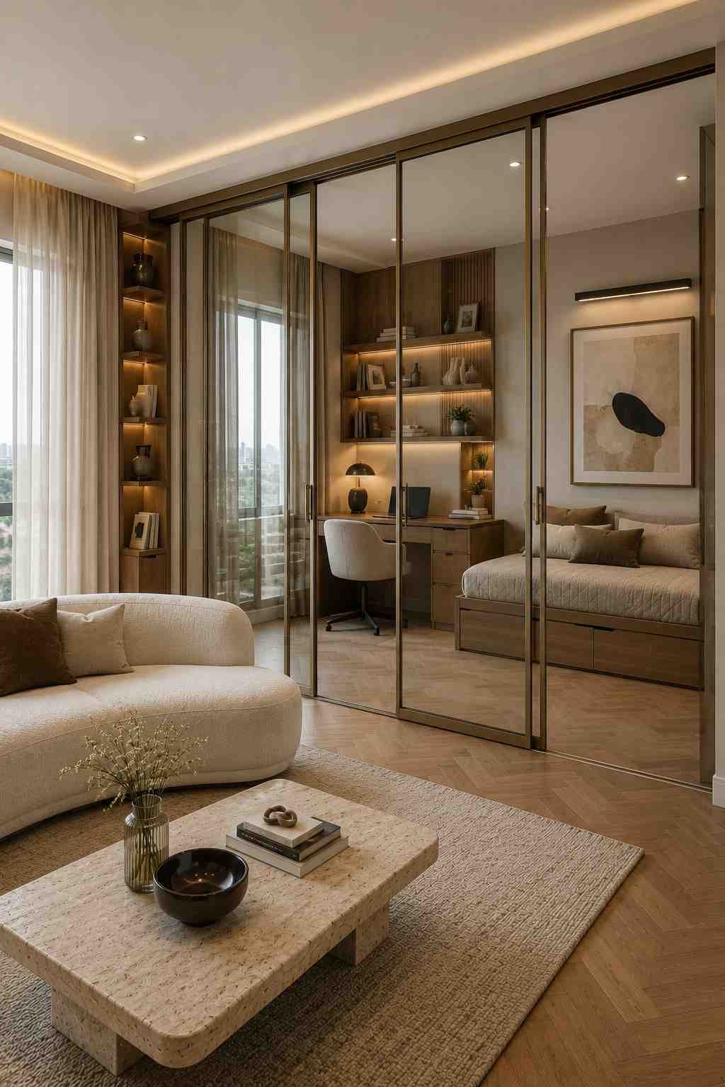 Bronze framed glass partition with an integrated home office and bedroom in a contemporary apartment.