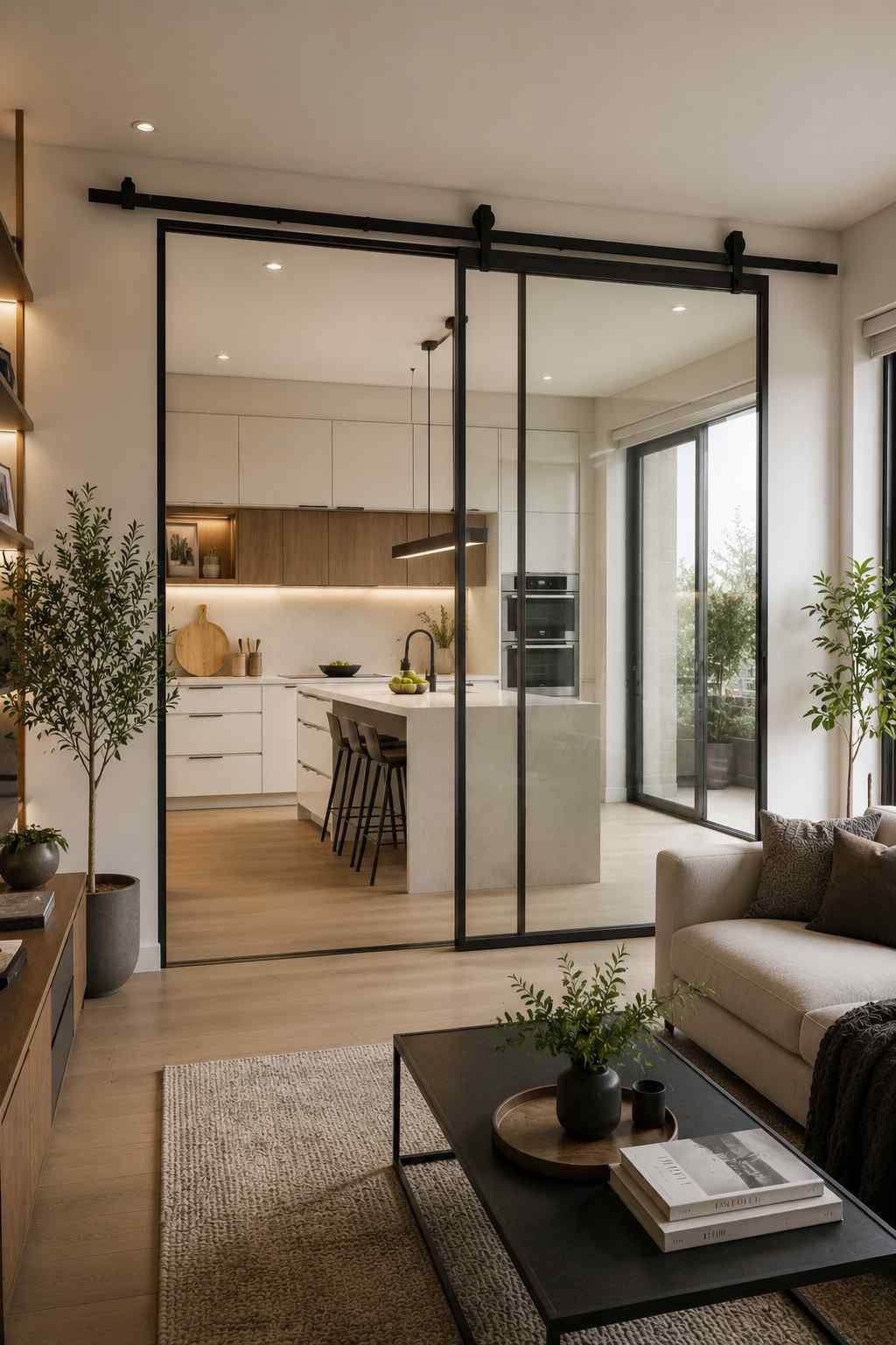 A modern home featuring a floor-to-ceiling sliding glass partition with a black barn-door style track separating the kitchen from the living room. The large glass panel is partially open, creating a bright, open feel while offering the flexibility to close off the kitchen when needed.